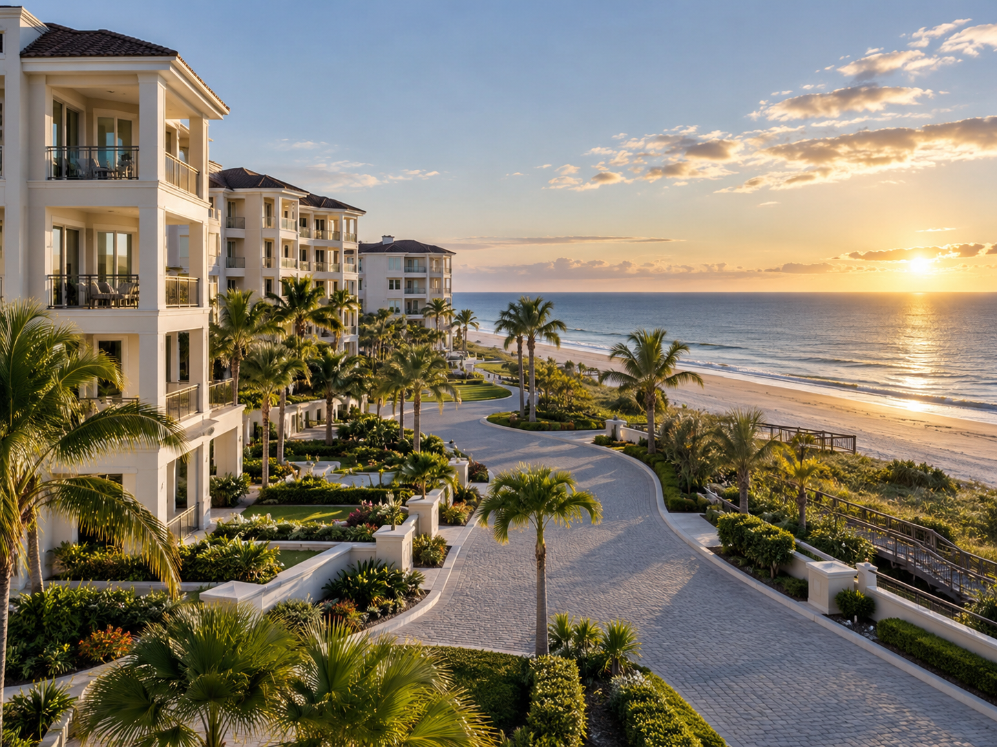 Luxury beachfront resort with white multi-story buildings, palm trees, a paved walkway, and a view of the ocean at sunset.