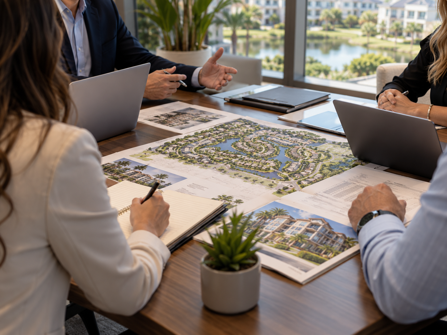 Business meeting with architectural plans and renderings of a residential community on a table, with laptops and notebooks, in a conference room with large windows overlooking a lake and buildings.