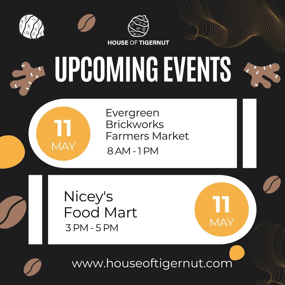 Join us this Saturday at both Evergreen Brickworks Farmers Market (9 AM - 1 PM) and Niceys Supermarket (3 pm - 5 pm), as we showcase our delicious TigerNut products!  Whether you&rsquo;re a foodie, a health enthusiast, or just love tasty snacks, swin
