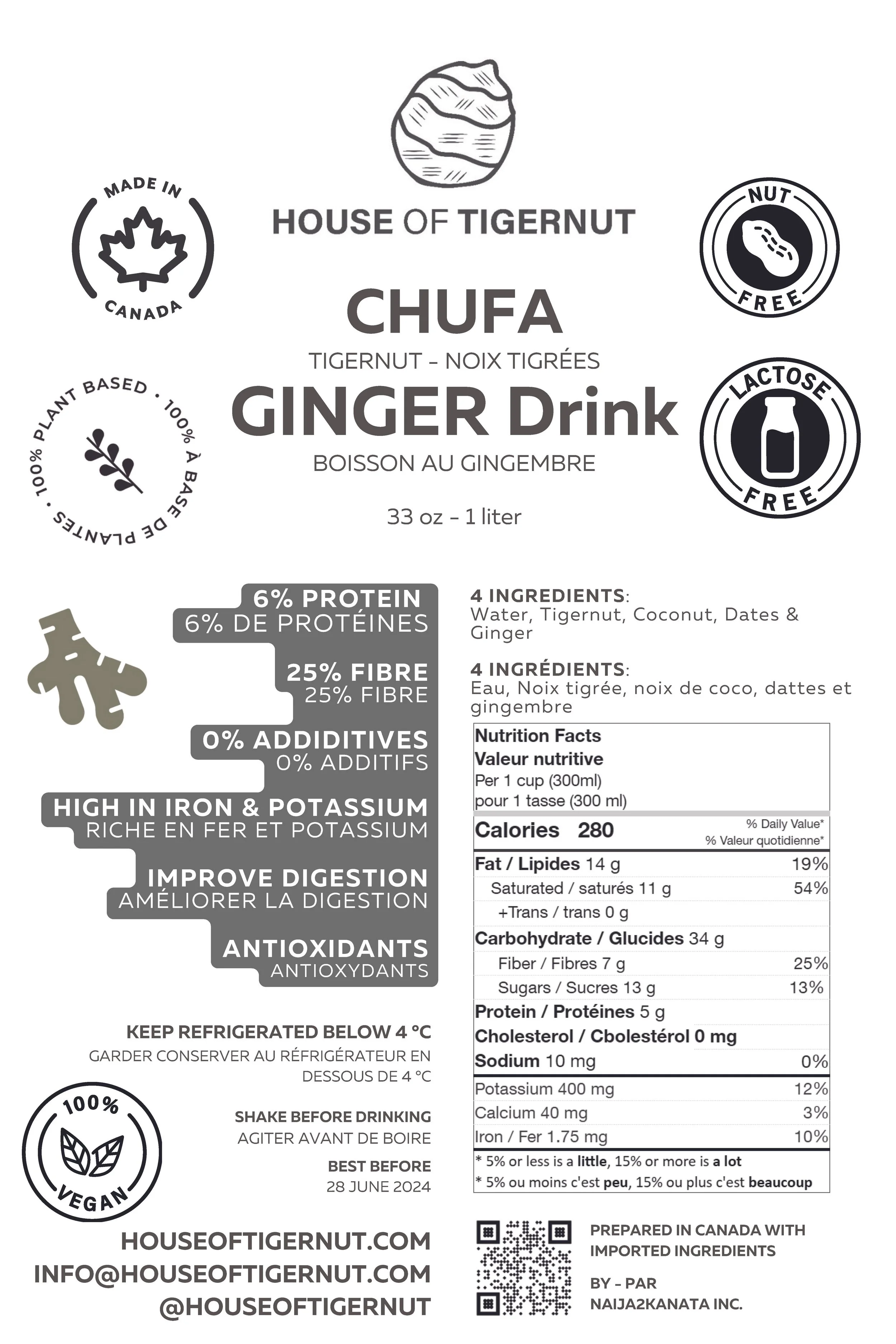House of Tigernut Ginger Chufa Drink, 1 Litre