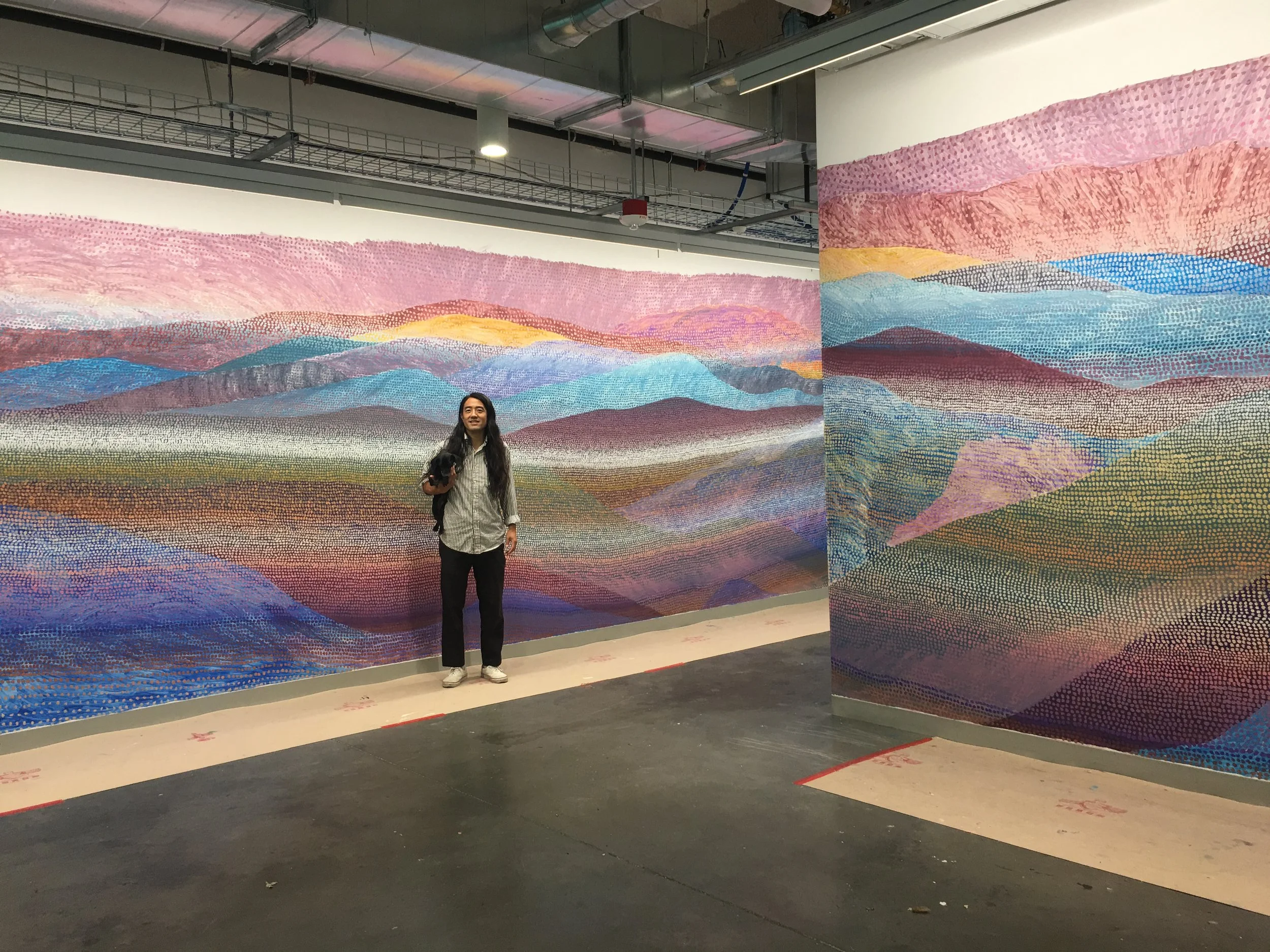 (Video Link) / "Mural for Meta Arts" / 9'x25' & 9'x12' / acrylic, pumice on wall / 2019