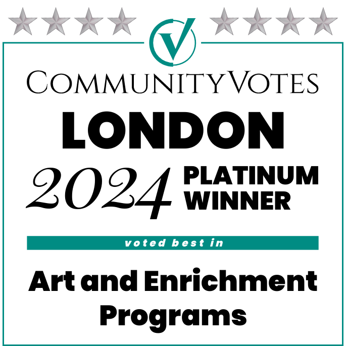 Award badge recognizing Community Votes London 2024 Platinum Winner in Art and Enrichment Programs, with a checkmark symbol at the top and a row of stars.