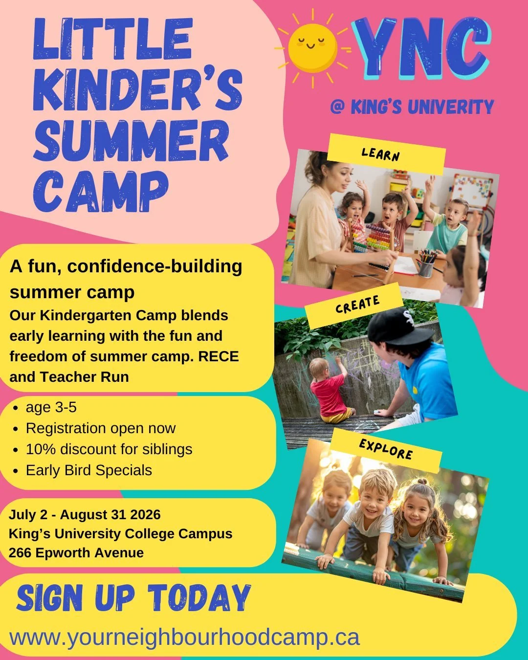 🌞✨ Little Kinders Summer Camp at King&rsquo;s University College! 🎉
Calling all little learners ages 3&ndash;5 &mdash; join us for the perfect blend of summer fun and school-ready growth! 👧🧑&zwj;🎨📚
At Little Kinders, kiddos:
🌼 Build confidence