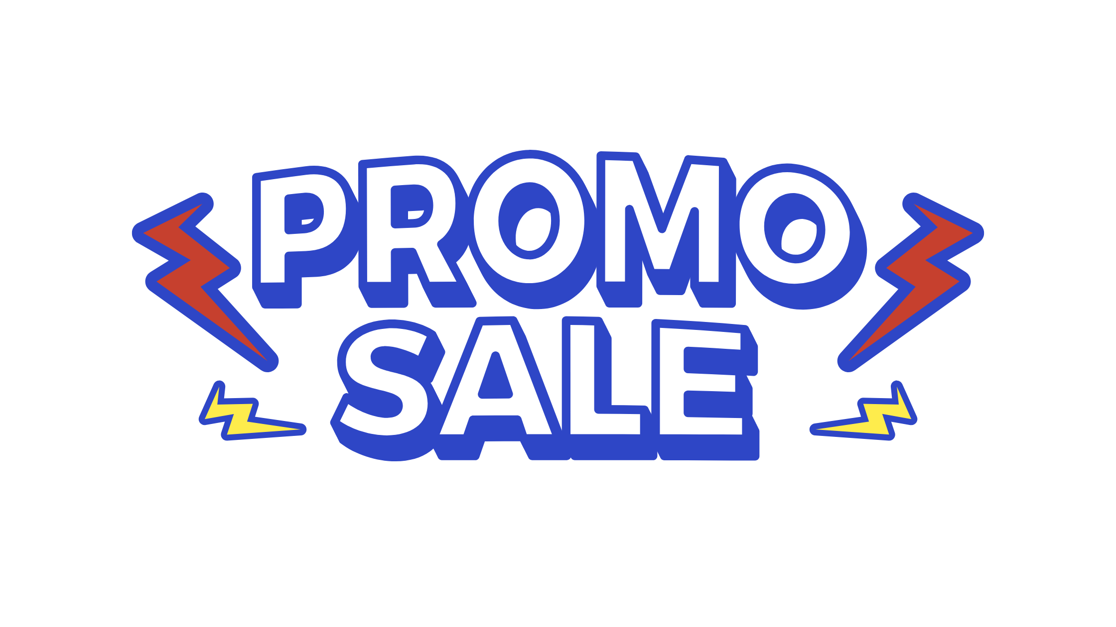 Graphic with the text 'PROMO SALE' in bold blue letters, surrounded by red and yellow lightning bolt icons.