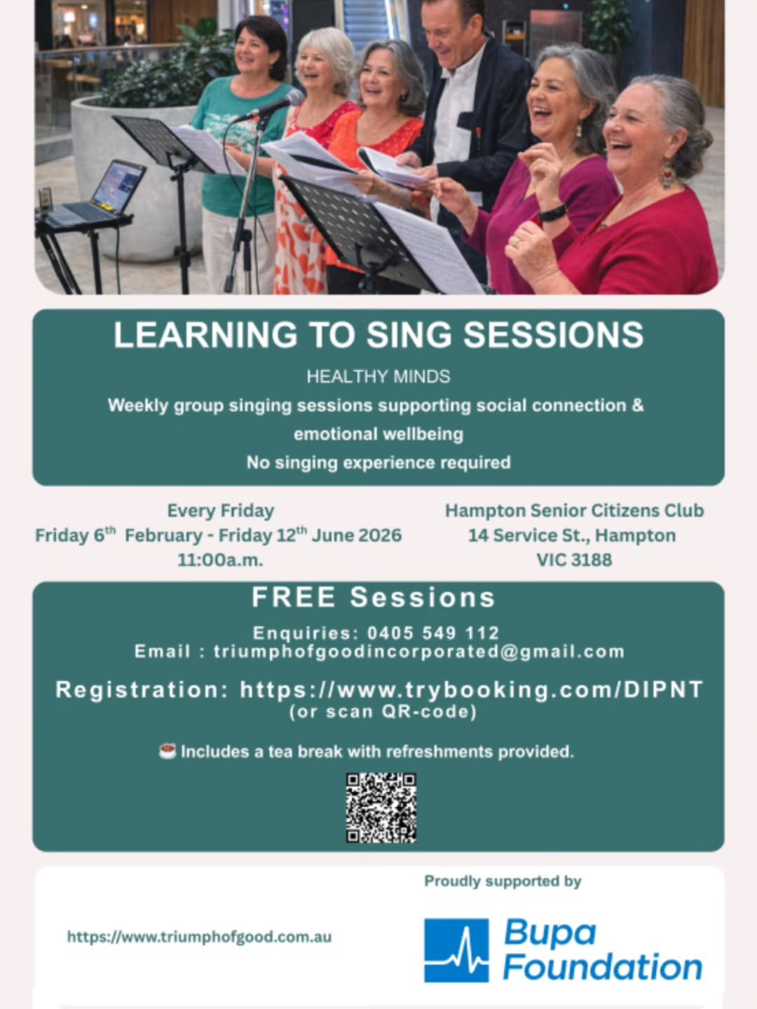 🎶 Learning to Sing Sessions &ndash; Healthy Minds 🎶
Join our free weekly group singing sessions focused on connection, wellbeing and the simple joy of singing together.

No singing experience required &mdash; sing at your own pace in a relaxed, fri