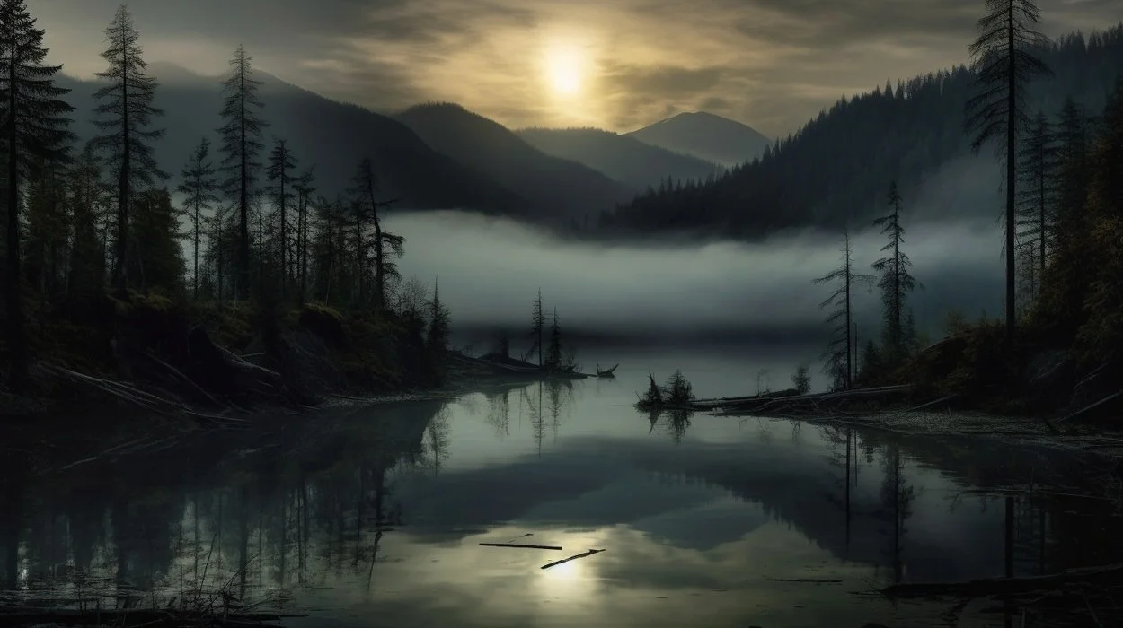Misty forested lake at dawn with mountains in the background.