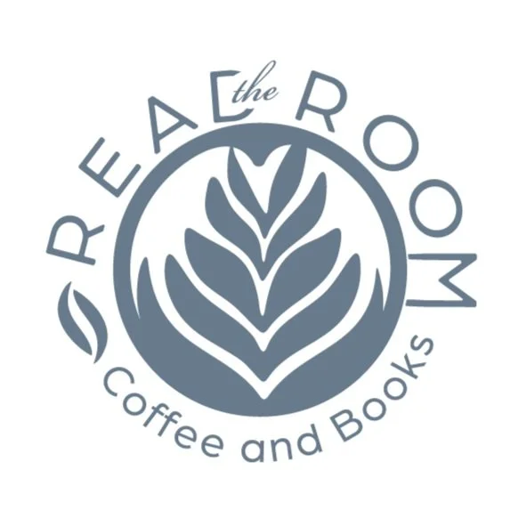 Logo for The Reach the Room Coffee and Books, featuring a stylized plant or coffee leaf within a circle and the business name encircling it.