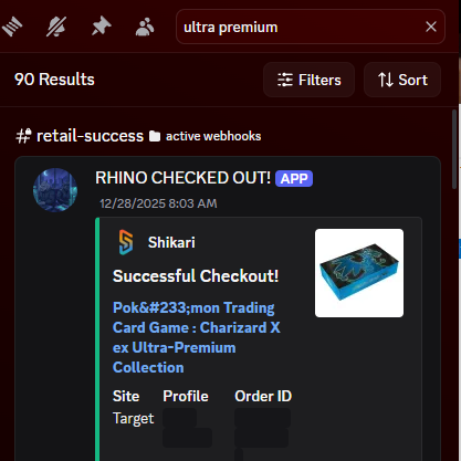 Screenshot of a webpage showing successful checkout for a Pokémon trading card game item, featuring a Charizard X card from the Ultra-Premium Collection.