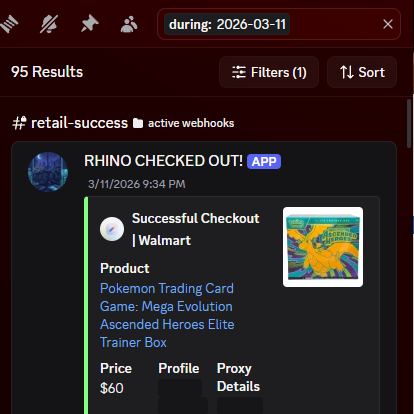 Screenshot of a retail success notification for a Walmart checkout of a Pokémon Trading Card game Mega Evolution Ascended Heroes Elite Trainer Box on March 11, 2026.
