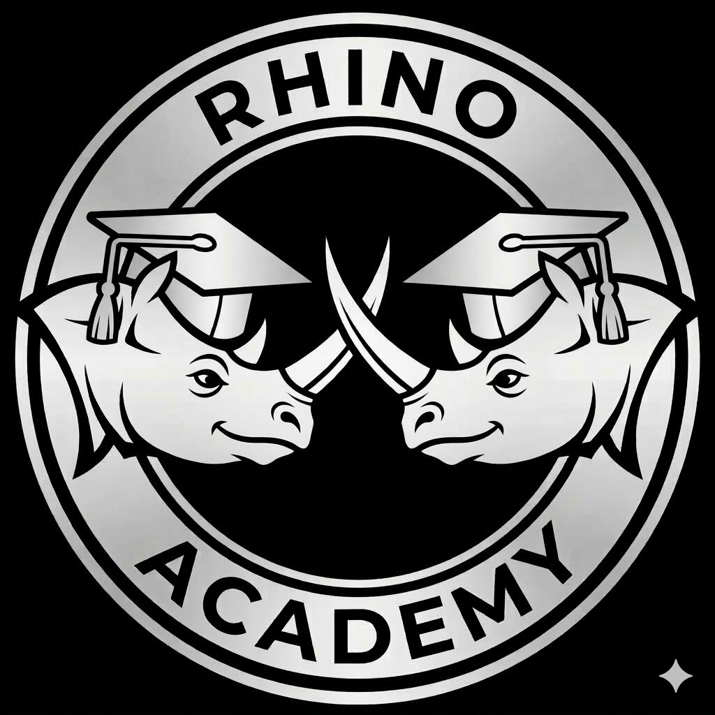 A black and white embroidered patch with two rhinoceros facing each other, wearing graduation caps, and the words "RINO ACADEMY" in a circular pattern around them.