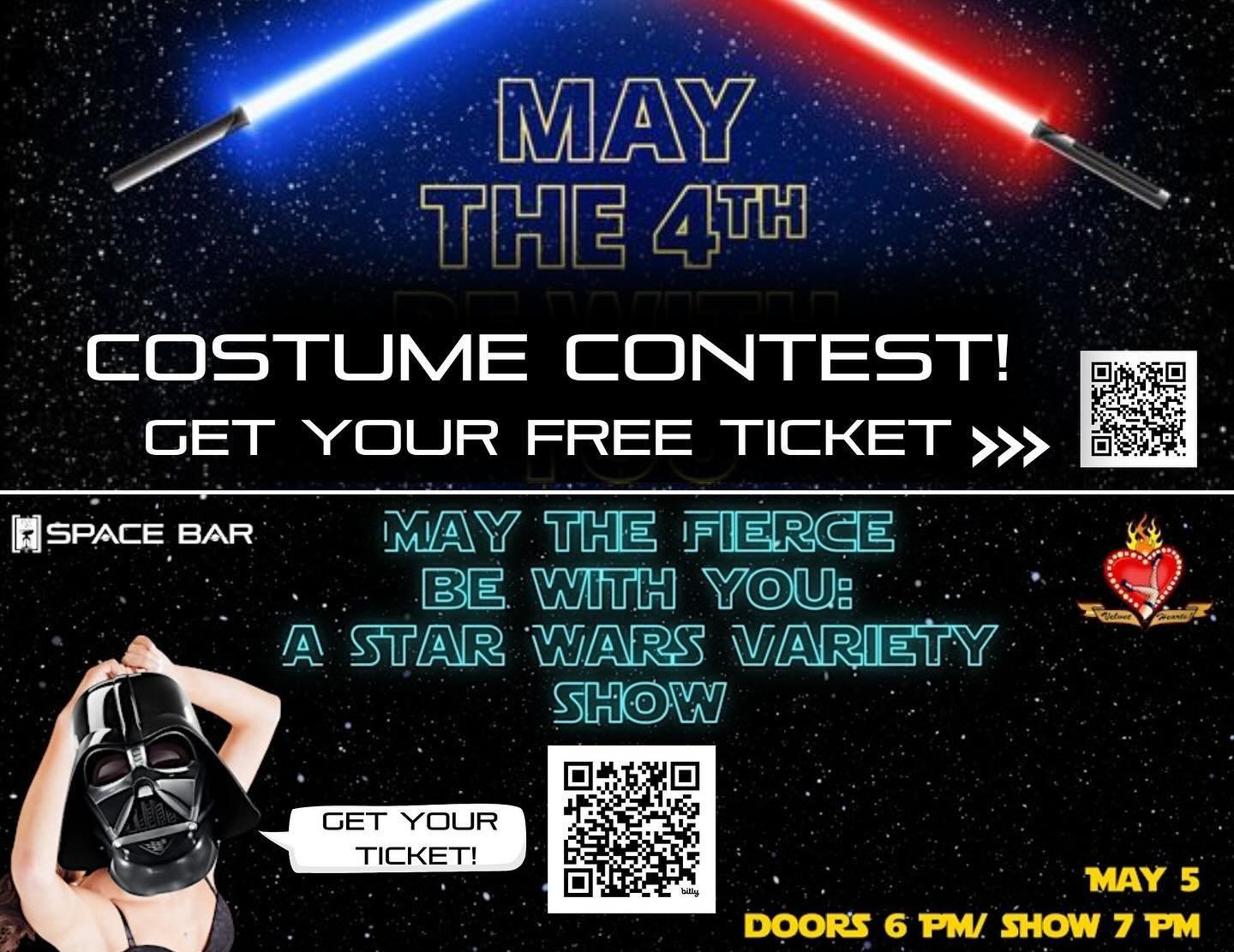 The best place to spend May the Fourth Be with is SPACE BAR!!!
🚀🍹🌟
Wear your best SPACE GEAR and Grab your FREE TICKET to gain entrance on May 4th! Win prizes in our COSTUME CONTEST! 
🛸👽 🪐
Grab your ticket for Sunday May 5 for a Star Wars Theme