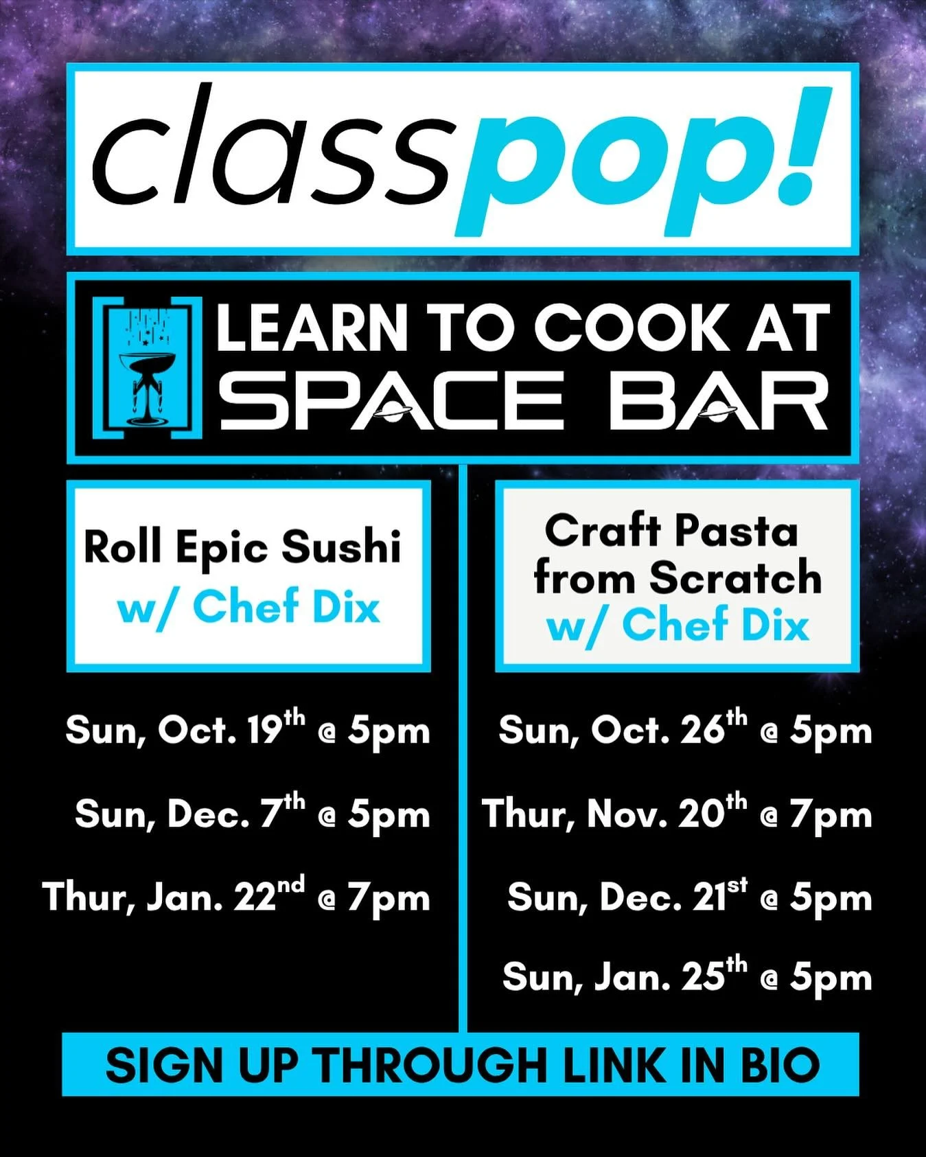 Worlds collide in the ultimate culinary crossover. Space Bar and ClassPop! are joining forces to bring hands-on cooking classes to Market Square with Chef Dix at the helm.

Perfect for date nights, friend groups, or solo explorers ready to level up t
