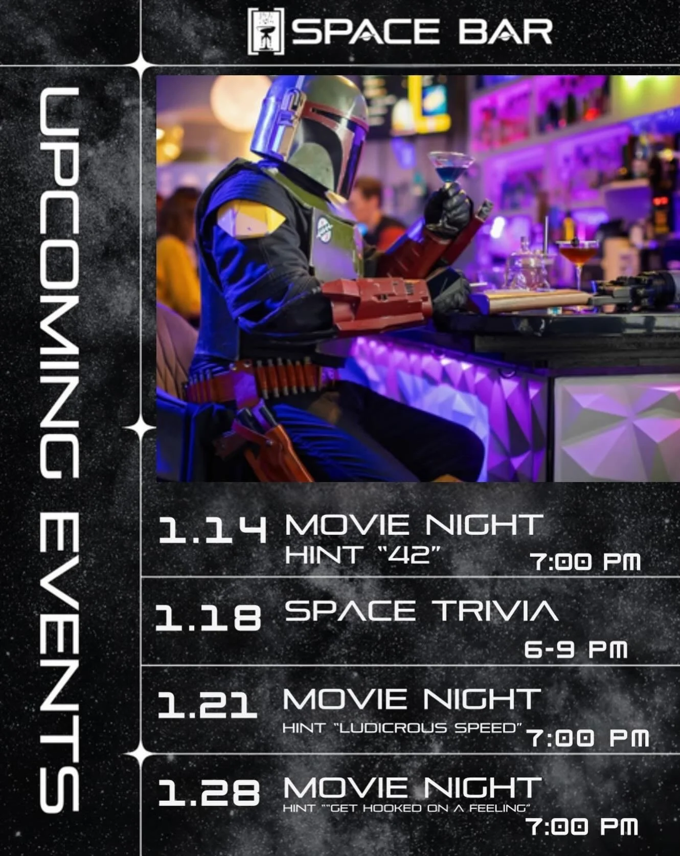 ✨ January Plans = Sorted ✨
🎬 1.14 &mdash; Movie Night 💡 Hint: 42 ⏰ 7PM 🍿 Free popcorn (the real star)

🚀 1.18 &mdash; Space Trivia 🧠 Flex your galaxy brain ⏰ 6&ndash;9PM

🎬 1.21 &mdash; Movie Night 💡 Hint: Ludicrous Speed ⏰ 7PM 🍿 Popcorn goes