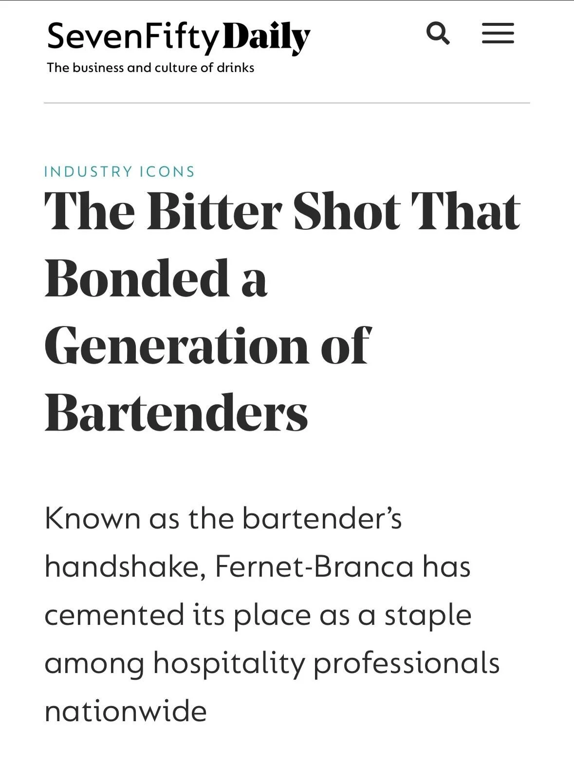 Our own Arum Krause mentioned in SevenFiftyDaily!

Famous for its strong and bold flavors, it may be Fernet-Branca&rsquo;s &ldquo;punishment factor&rdquo; that drives industry professionals to it, says Arum Krause, the chief mixologist of Space Bar i