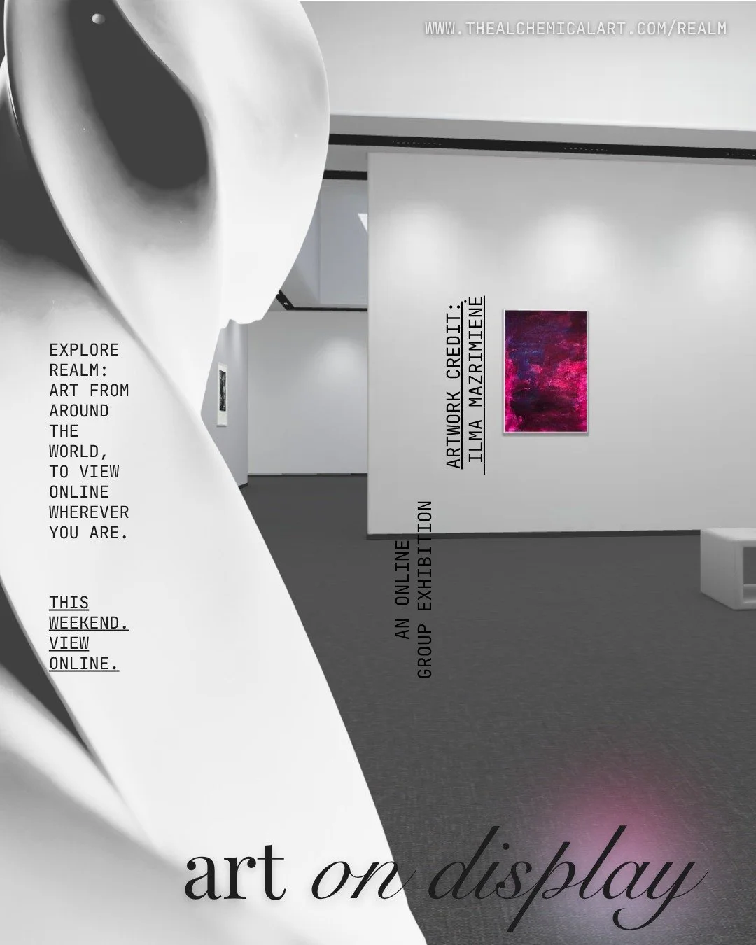 Visit Realm this weekend.

Our international group exhibition is open online, inviting you to explore the works wherever you are.

Pictured: One of the rooms in the group exhibition featuring artwork 'Between Night and Dawn' (2026) by Lithuanian arti