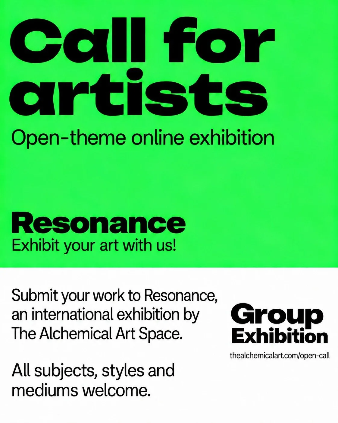 Call for artists: Resonance

Our international open-theme online exhibition welcomes artists worldwide, across all mediums and experience levels. All subjects and styles welcome.

Apply: www.thealchemicalart.com/open-call

#ArtistOpenCall #Contempora