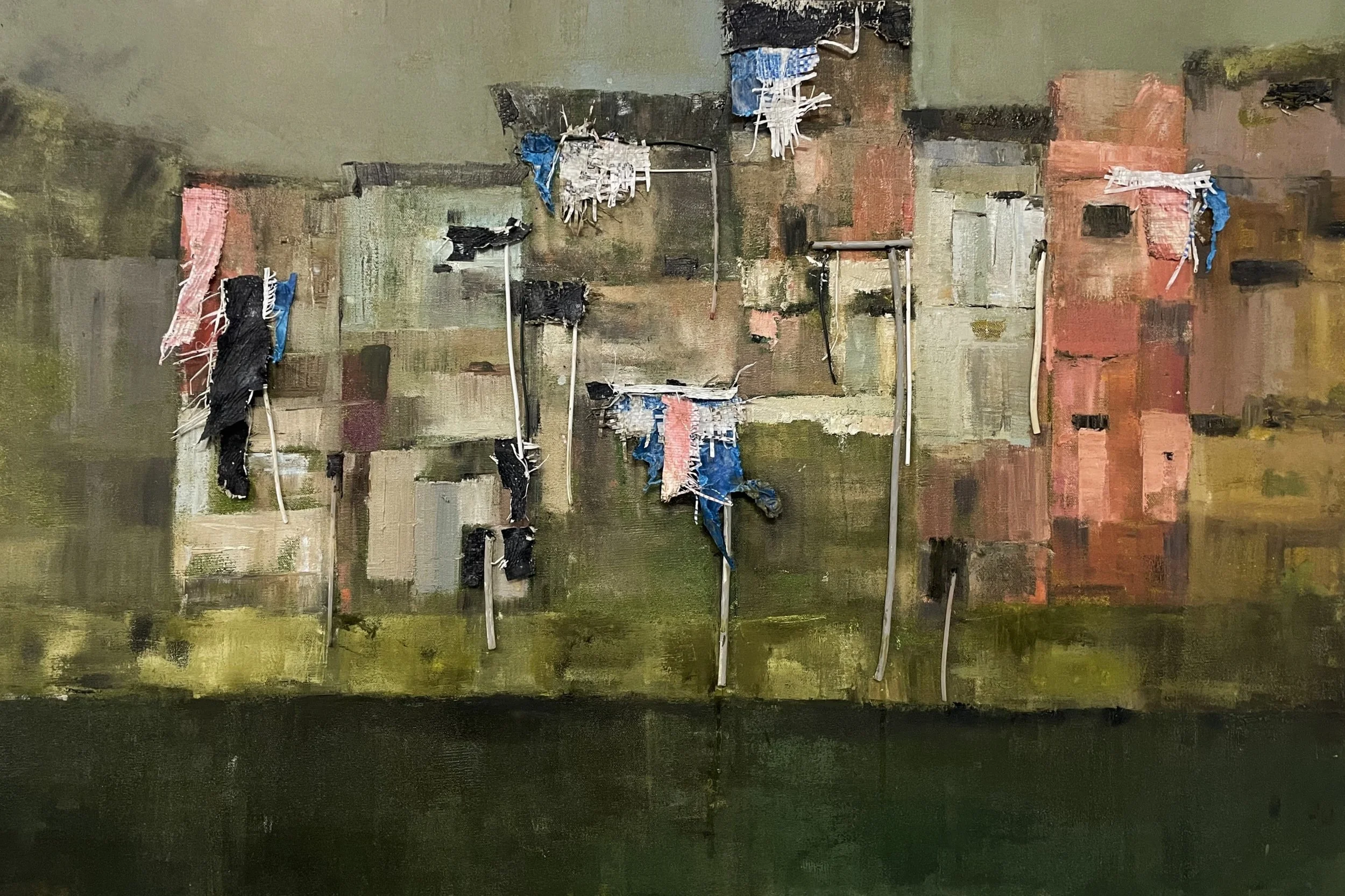The other side of town - oil on canvas and Collage 36 by 24