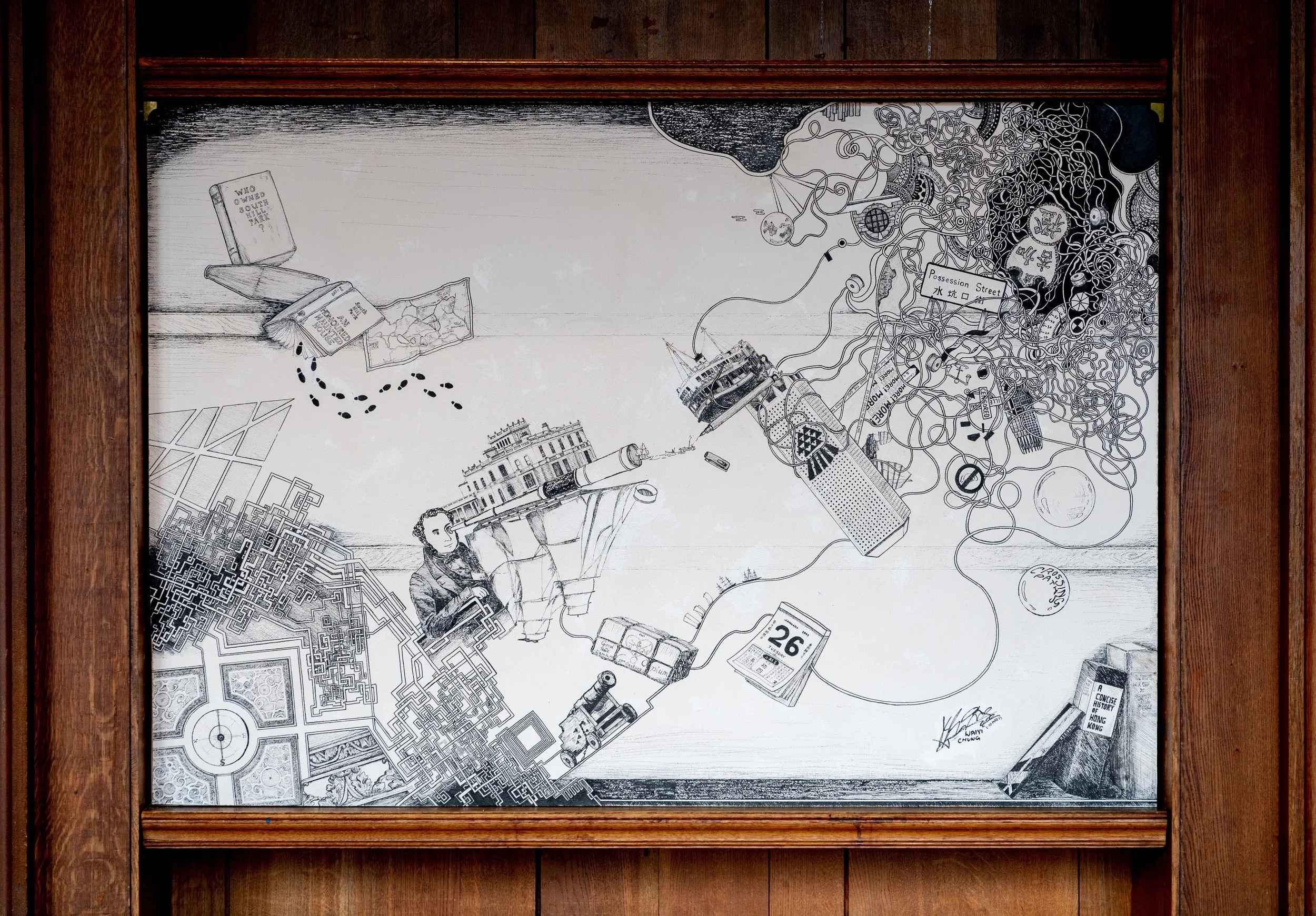 (Artwork 1) Crossing Paths, 134cm × 93.5cm × 28cm (1.5cm without frame attached at the back)
Pigment ink, marker and acrylic paint on MDF board, with a plywood frame as a supportive structure.
Price: AUD $9000
