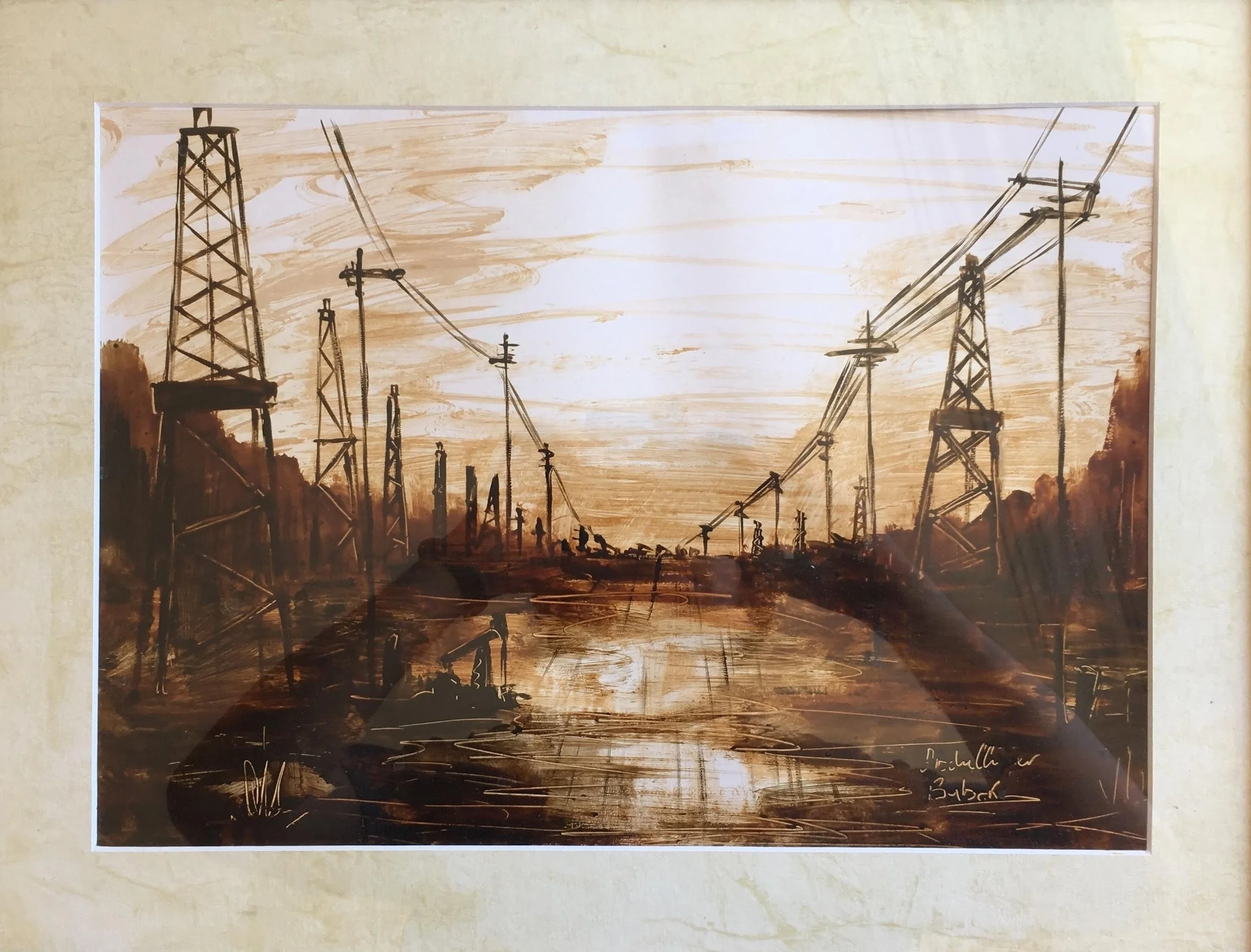 “Oil wells” petroleum oil technique on paper A3, the year 2018 Baku, Azerbaijan
In Italy, Germany, etc. I am the first artist to work with this technique.