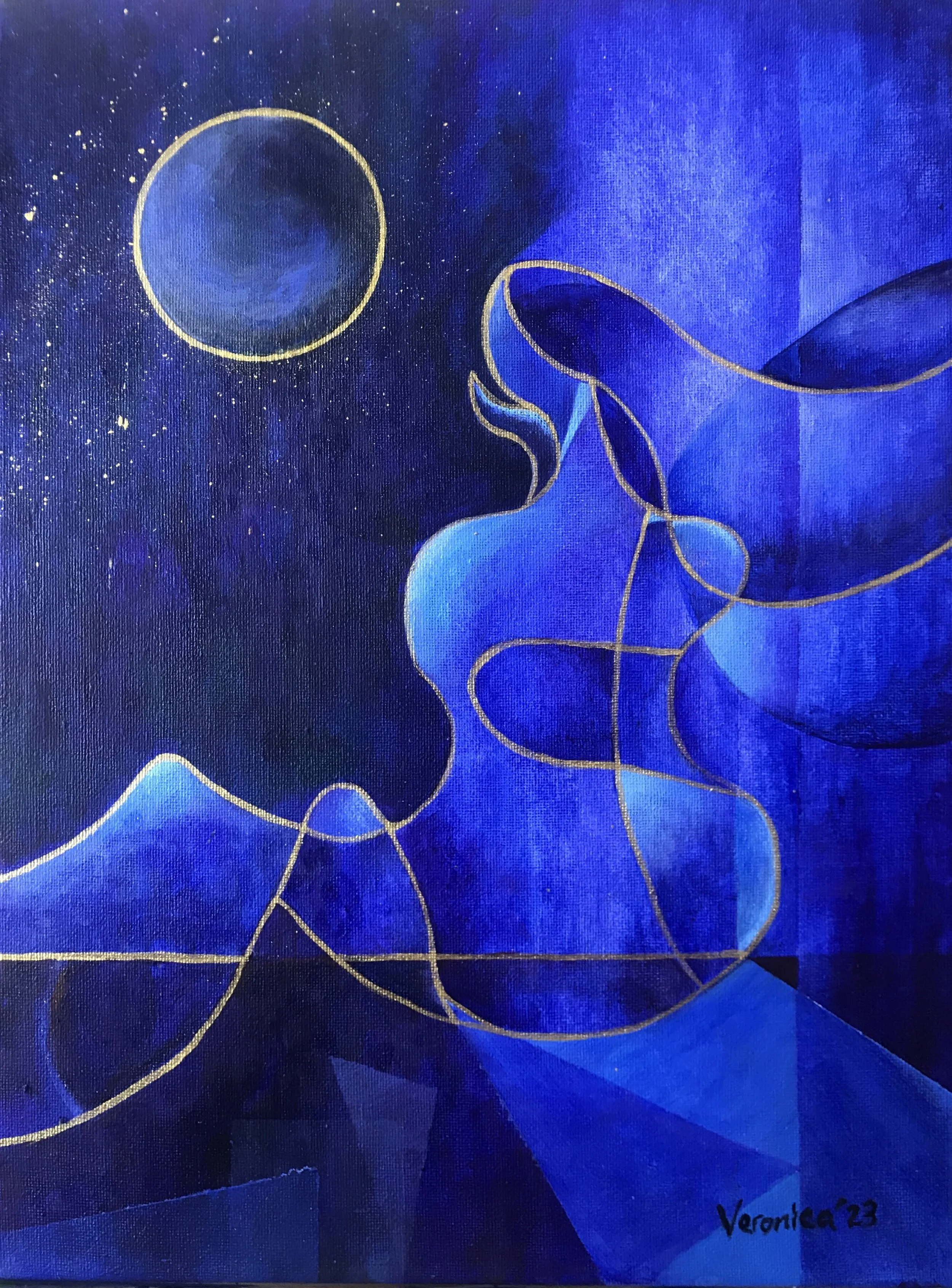 'A Pensive Women', 40x30cm, Acrylic on Canvas, USD 350. |
'A Pensive Woman' captures feminine tranquility with a woman's
graceful back view and long hair, gazing at the moon in deep blue
tones highlighted by delicate gold lines. The piece serves as