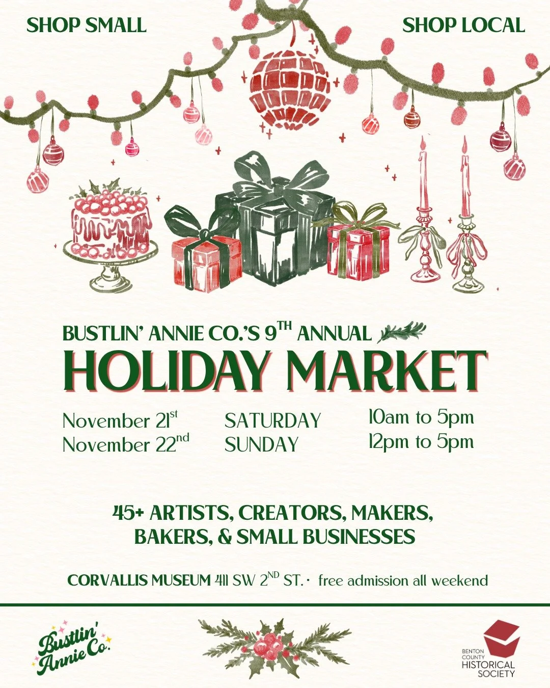 Can't believe my 9th Annual Holiday Market is just 50 days out! Join me and over 45 awesome small businesses and makers as we kick off the season the weekend before Thanksgiving at the Corvallis Museum.

Vendors, introduce yourselves in the comments!
