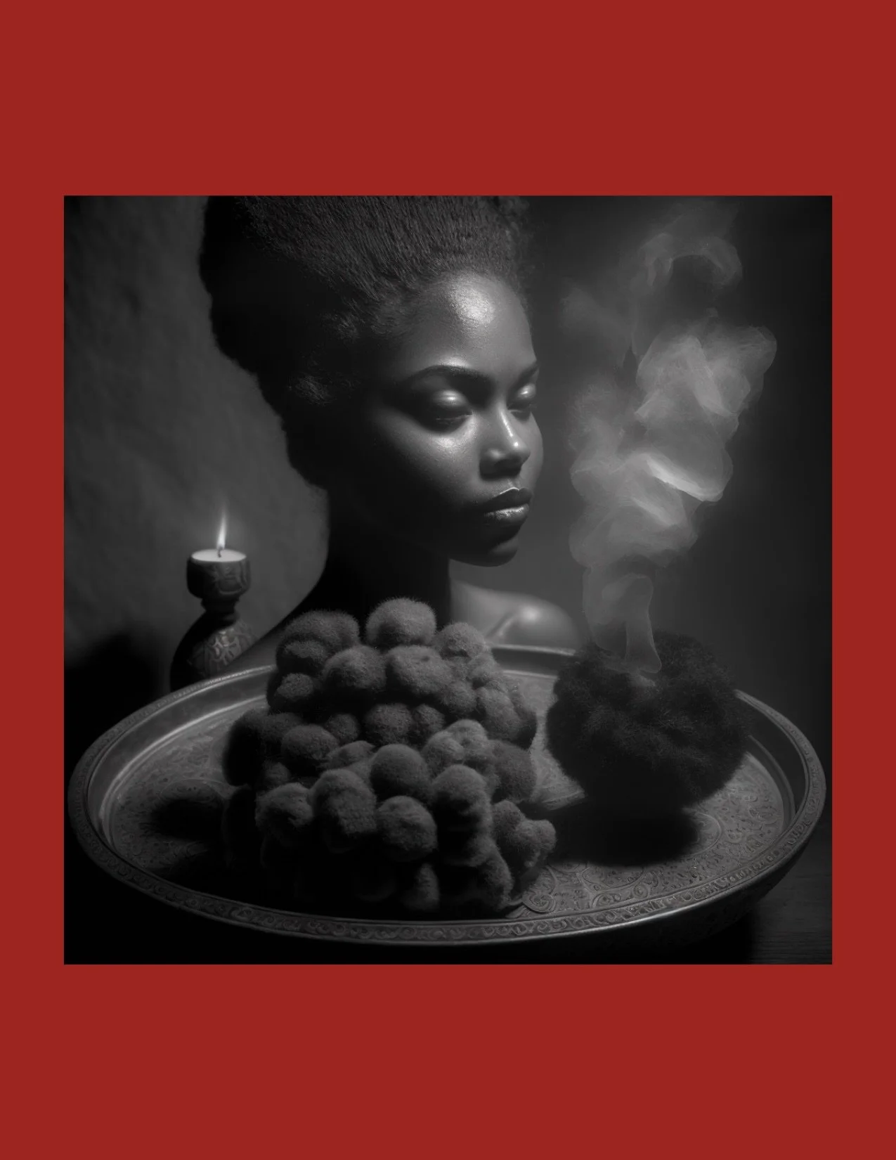 Black and white portrait of a woman with an elaborate hairstyle, surrounded by a tray of textured objects and a lit candle.