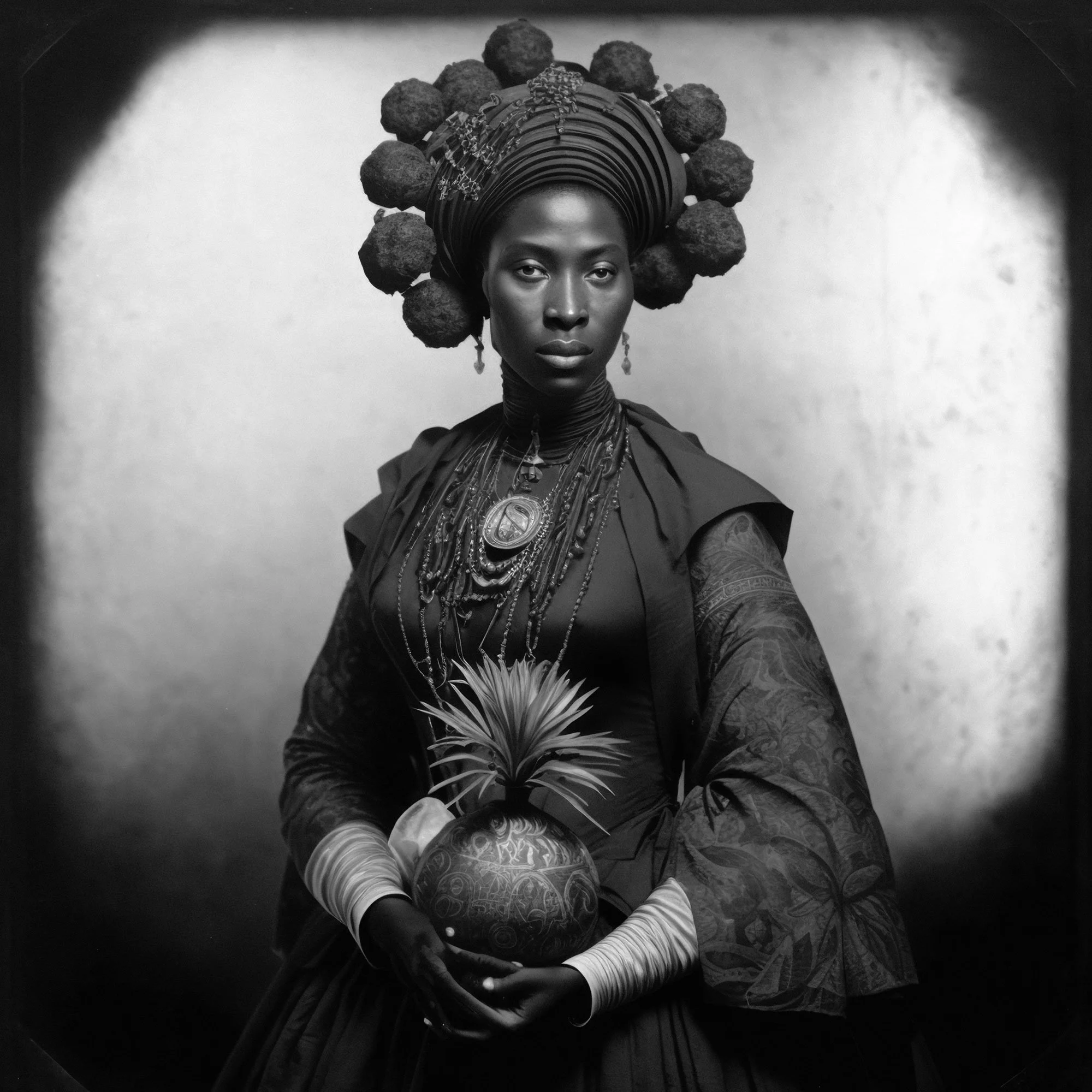 Rhiannon Evans MacFadyen, Elders & Aunties #7, Digital collage (AI/MidJourney, Photoshop), archival pigment ink on 100% cotton Hahnemühle 308 gsm metallic photo rag, frame, 36” x 36”