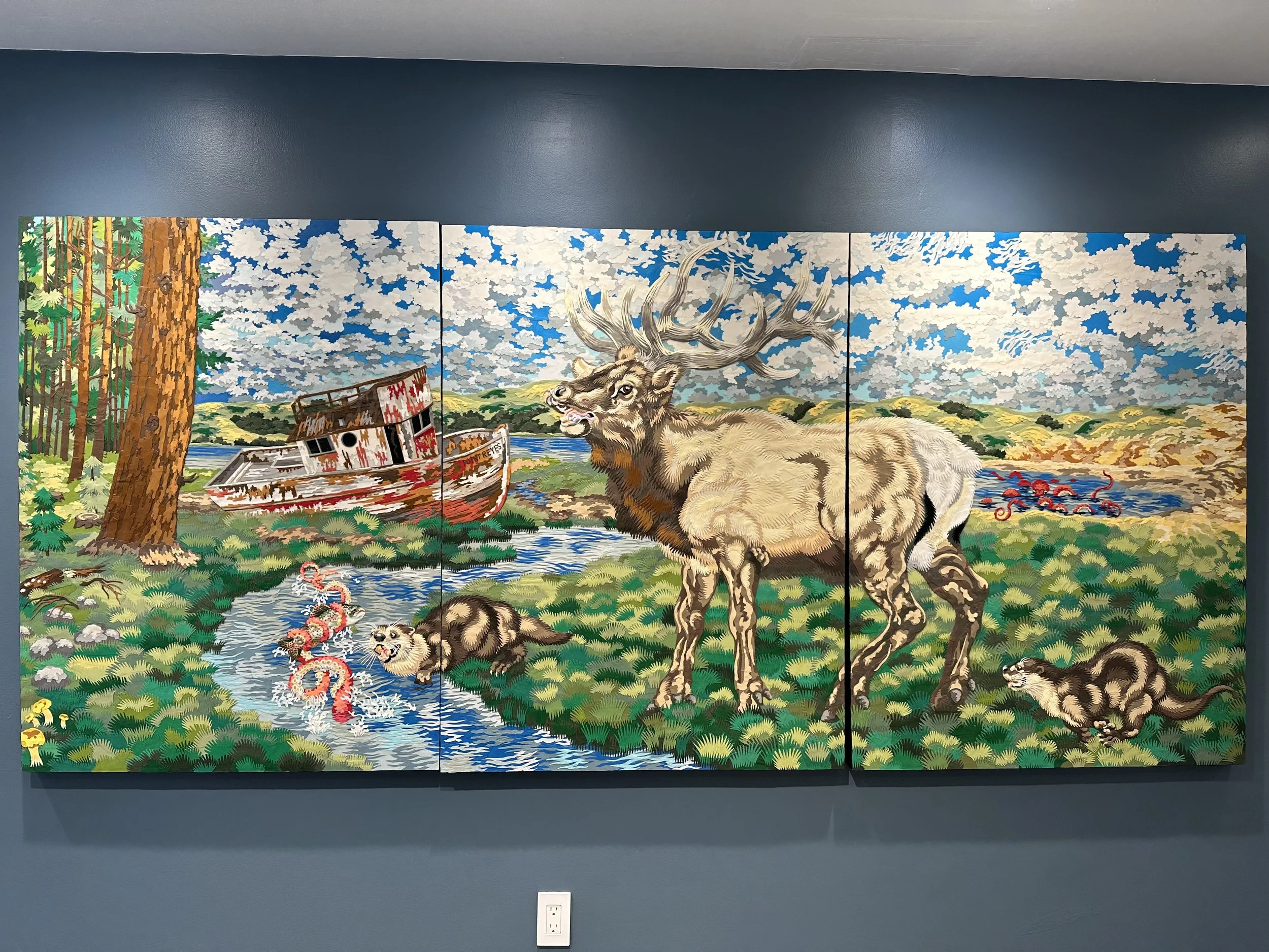 "Point Reyes," 48x108in, handout paper and gel medium on wood panels, 2018, $14,998.