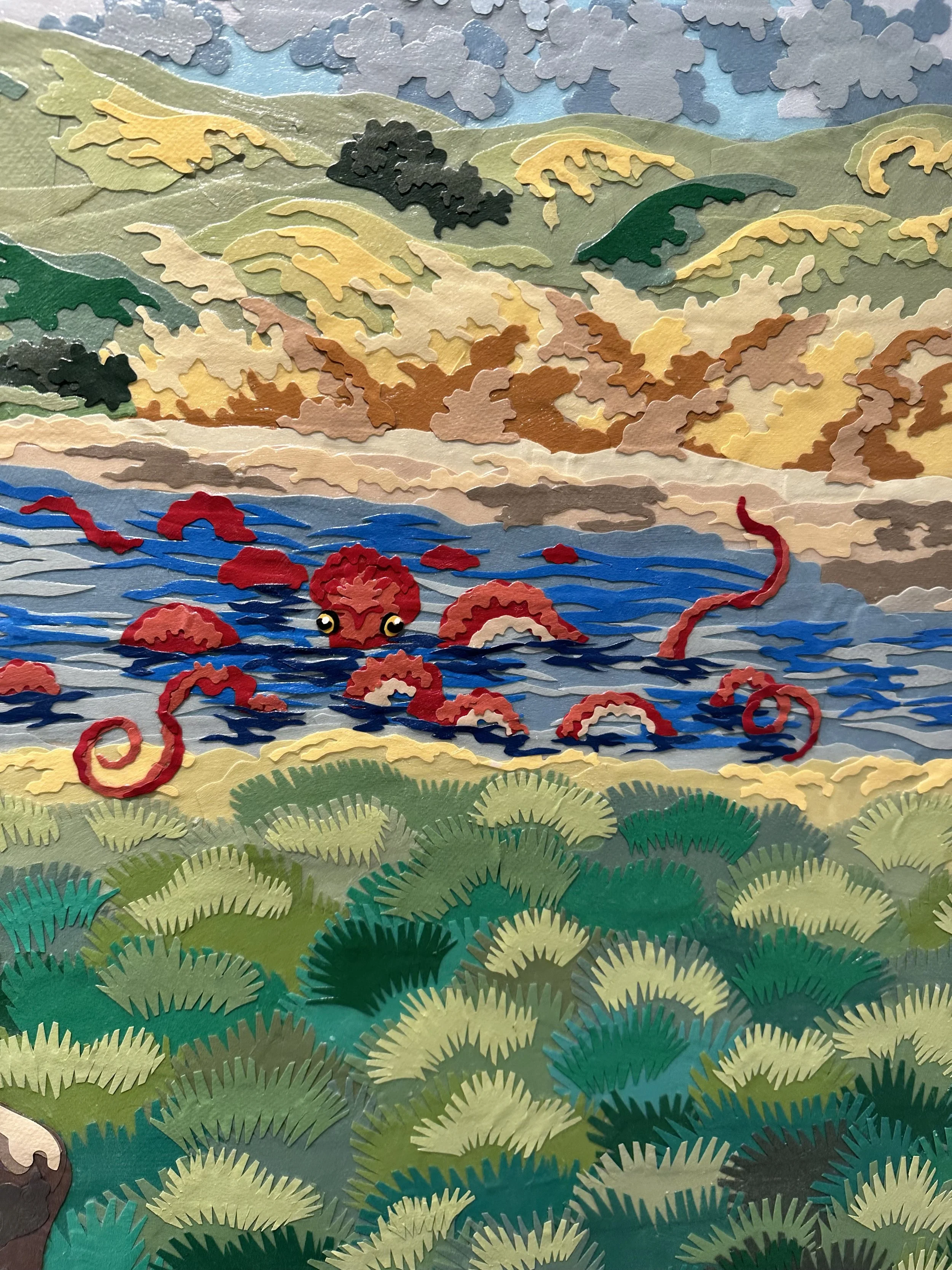 "Point Reyes," 48x108in, handout paper and gel medium on wood panels, 2018, DETAIL.