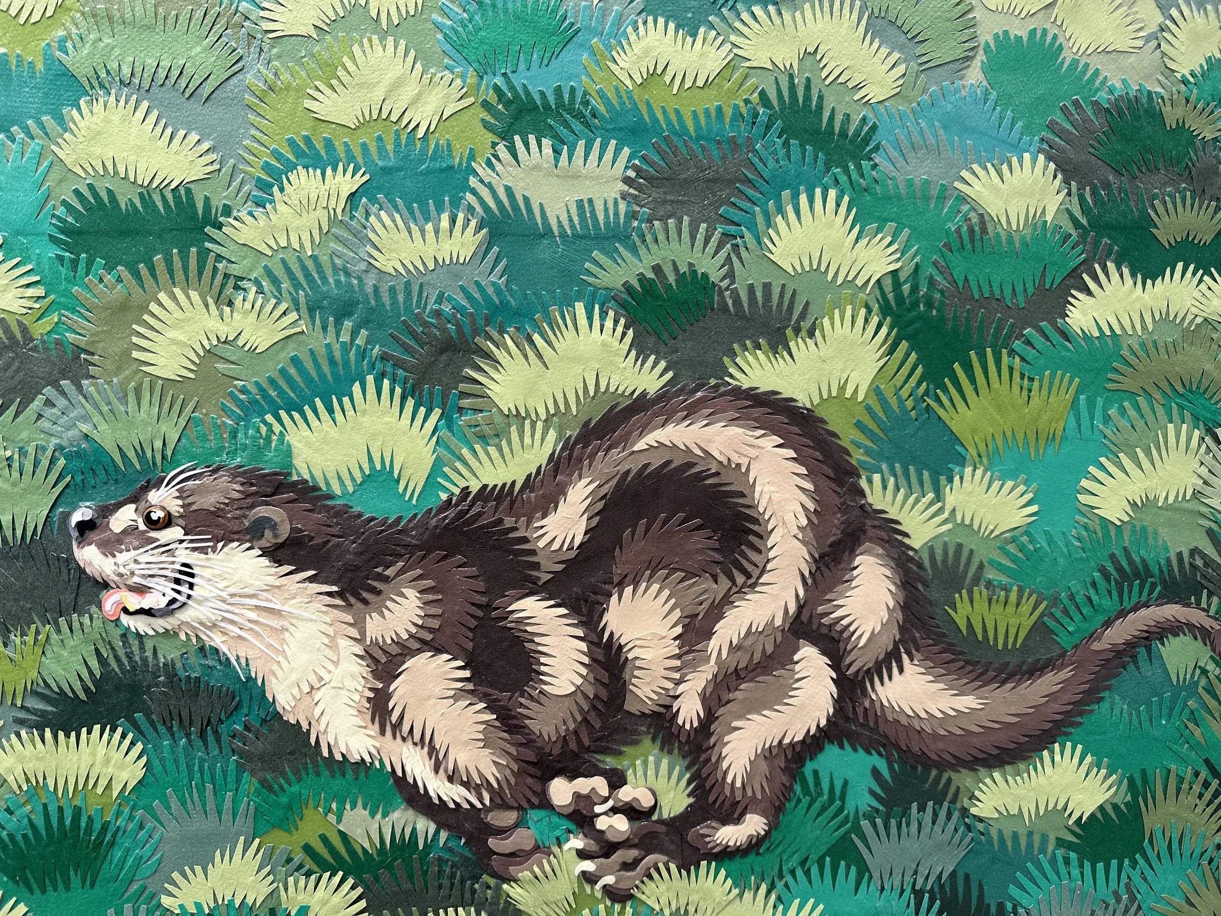 "Point Reyes," 48x108in, handout paper and gel medium on wood panels, 2018, DETAIL.