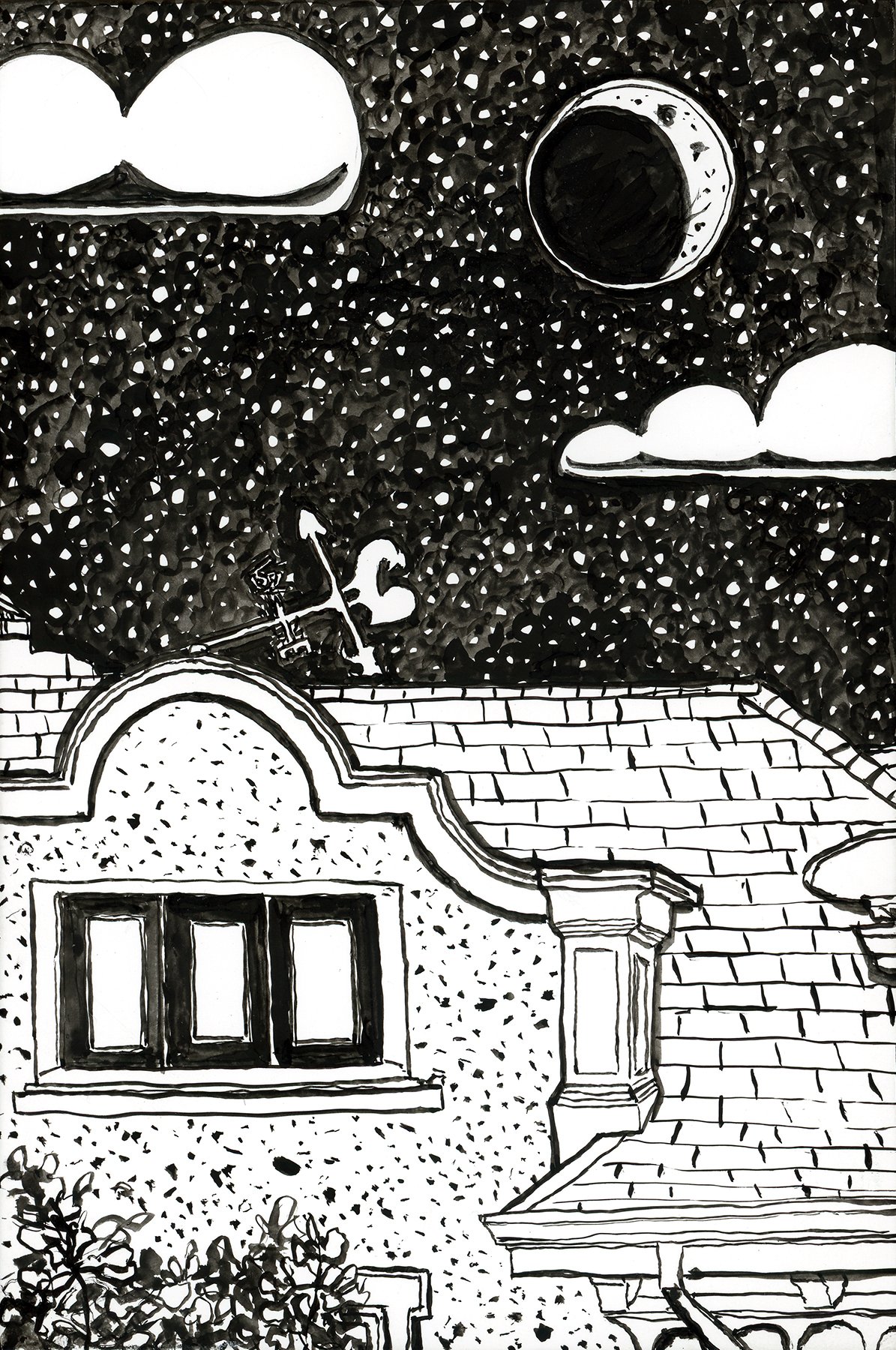 E Dyer, a hushed hello under moonlight, Dimensions: 4x6”, Medium: brush and ink on wood panel, Year: 2026

Price: $200
