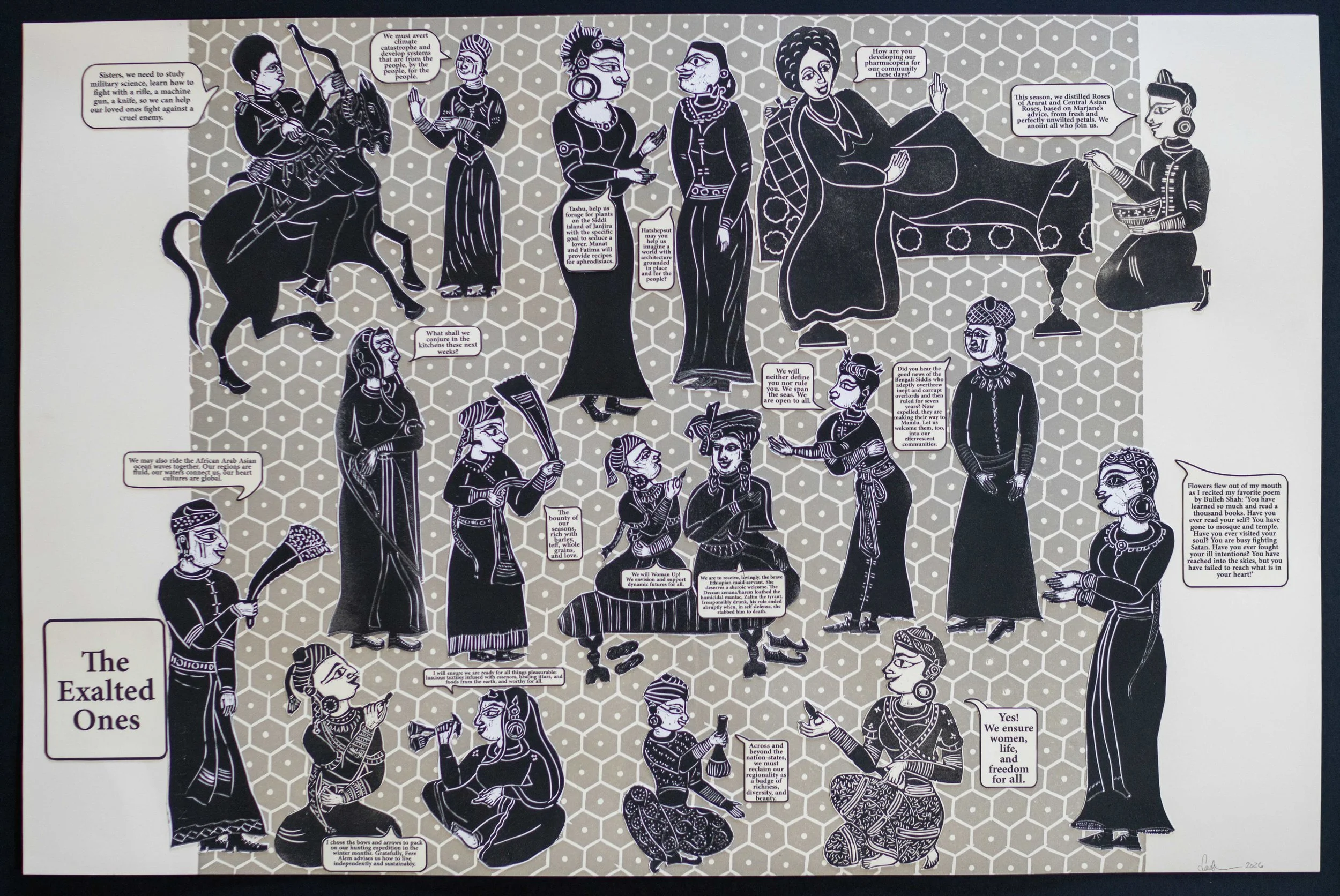 The Exalted Ones, 2 x 30 inches, Material: Lino cuts on letter press and French press prints on wasli paper and/or Rives Black and White papers, and hand marbled papers
