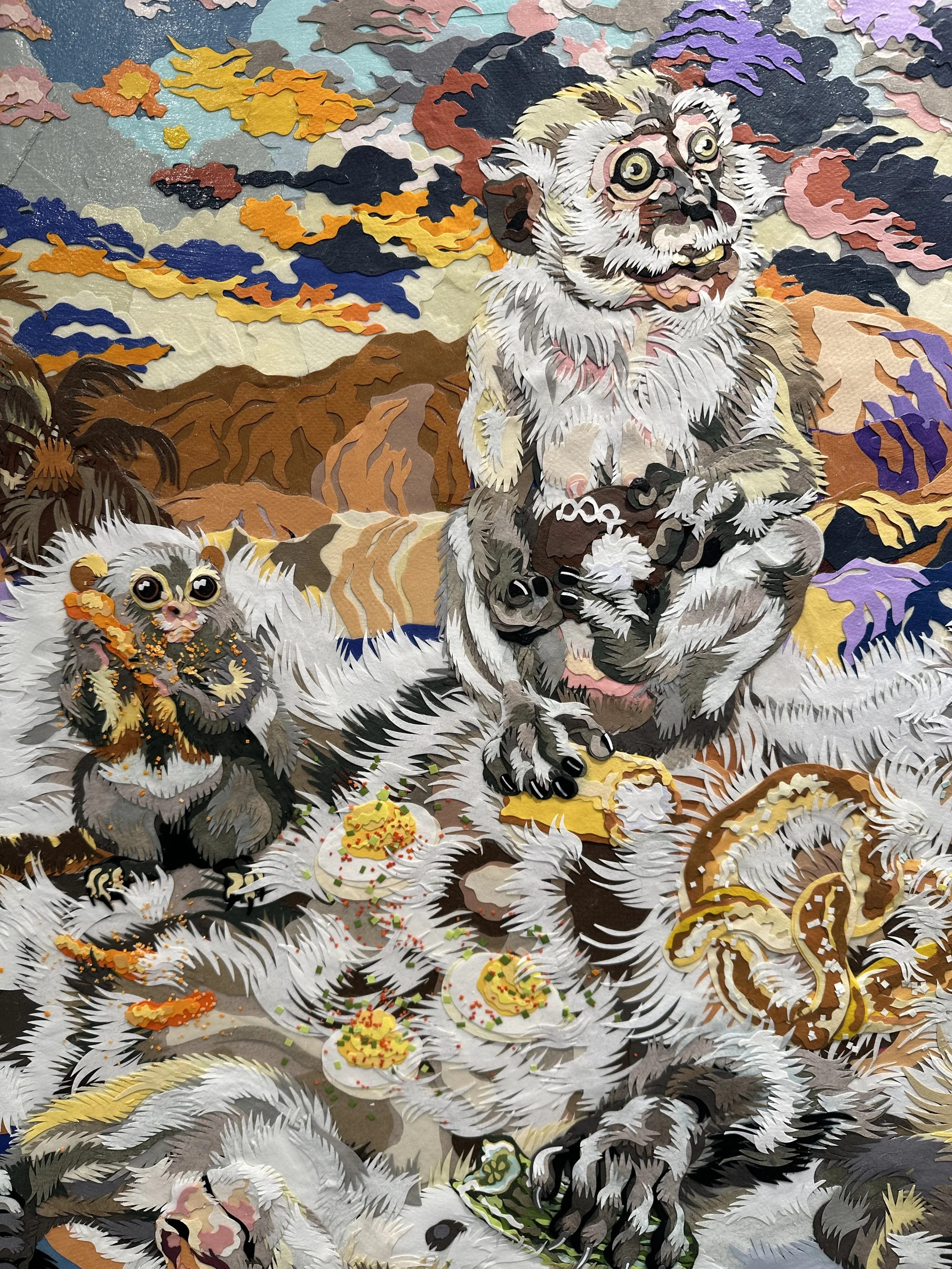 "Picnic at Lake Mead," 36x48in, hand cut paper and gel medium on canvas, 2022, DETAIL.