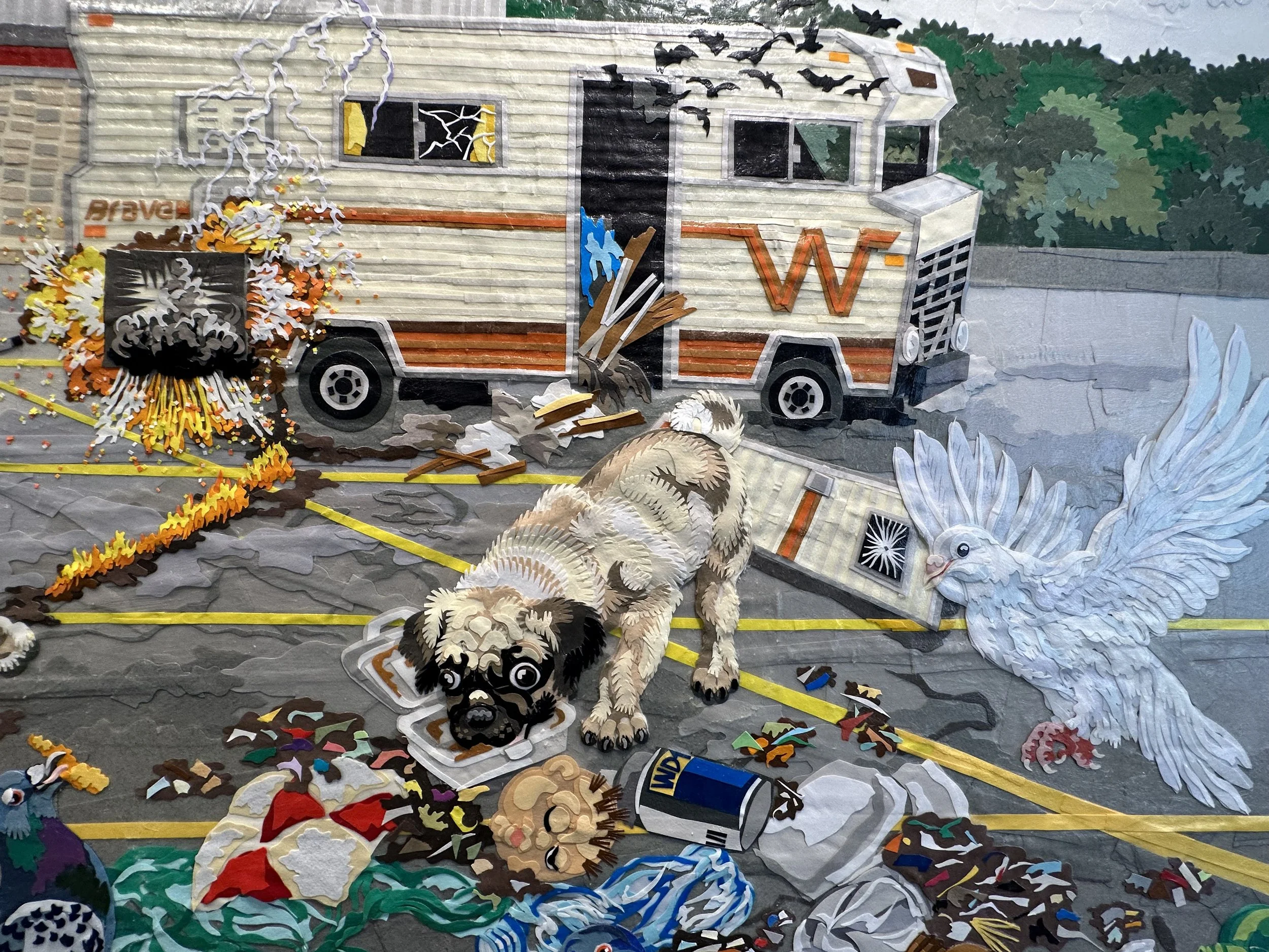 "Parking Lot," 48x108in, handout paper and gel medium on wood panels, 2018, DETAIL.