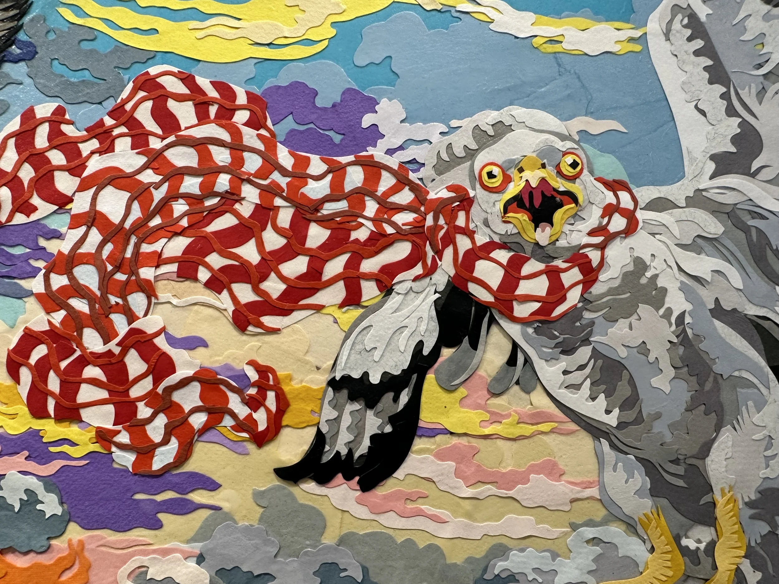 "Birth of Raccoon,' 72X48in, handout paper and gel medium on canvas, 2022, DETAIL.