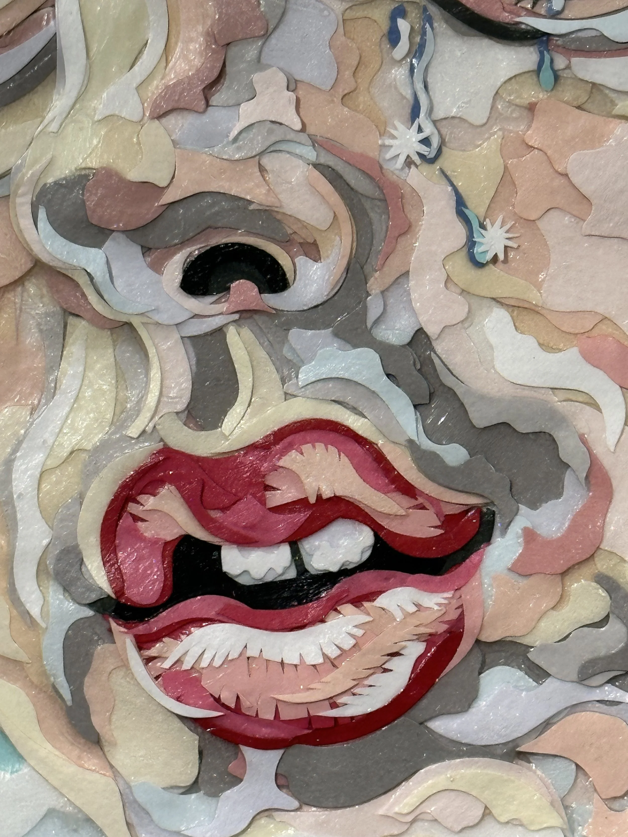 SEBASTIAN, 48 X 3inch, handout paper and gel medium on wood panels, 2022, DETAIL.