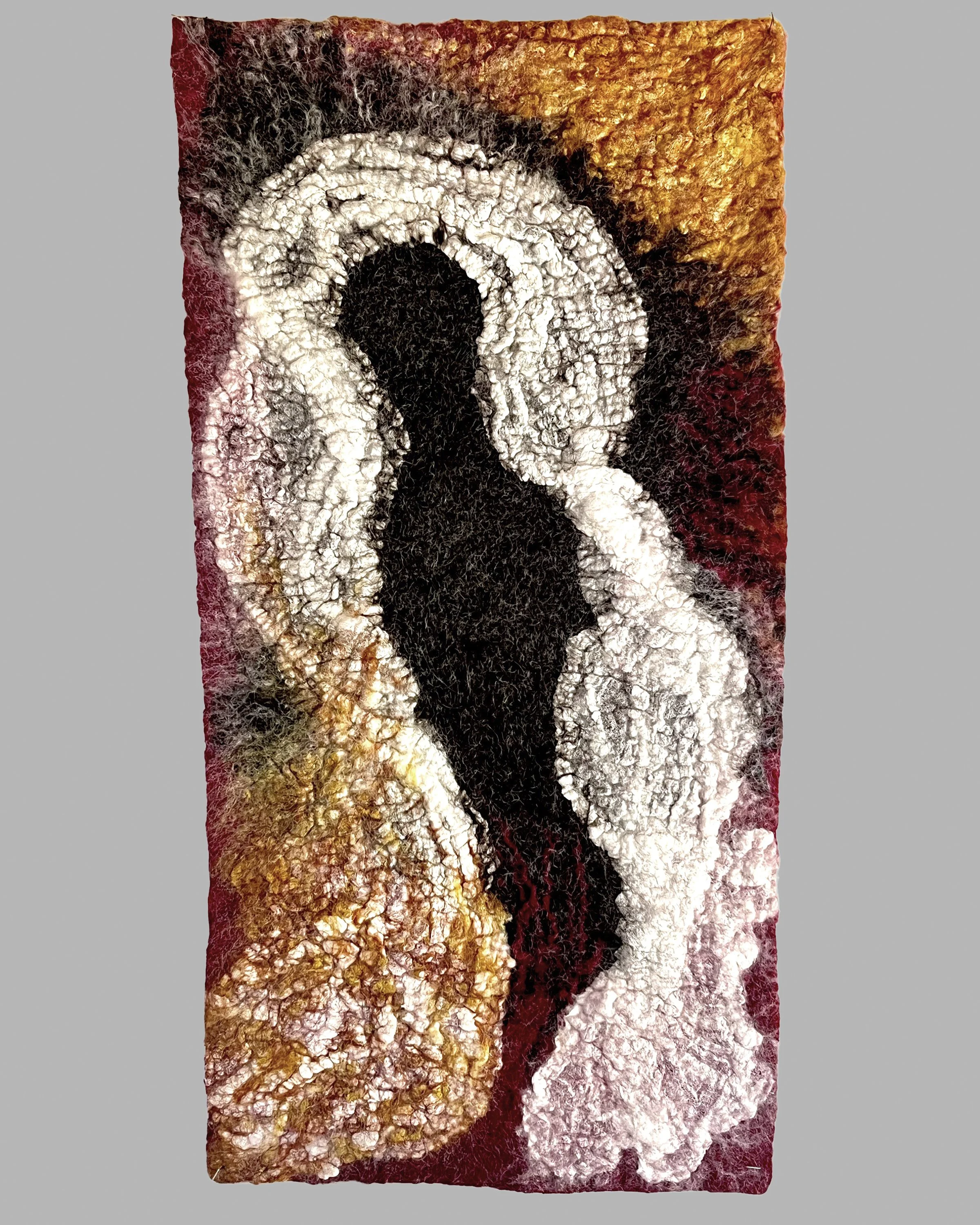 Voyageur Courageux,  2025  3’8” x 2’  Wool, silk, cheesecloth; Cochineal &Marigold dyes  $2,000.