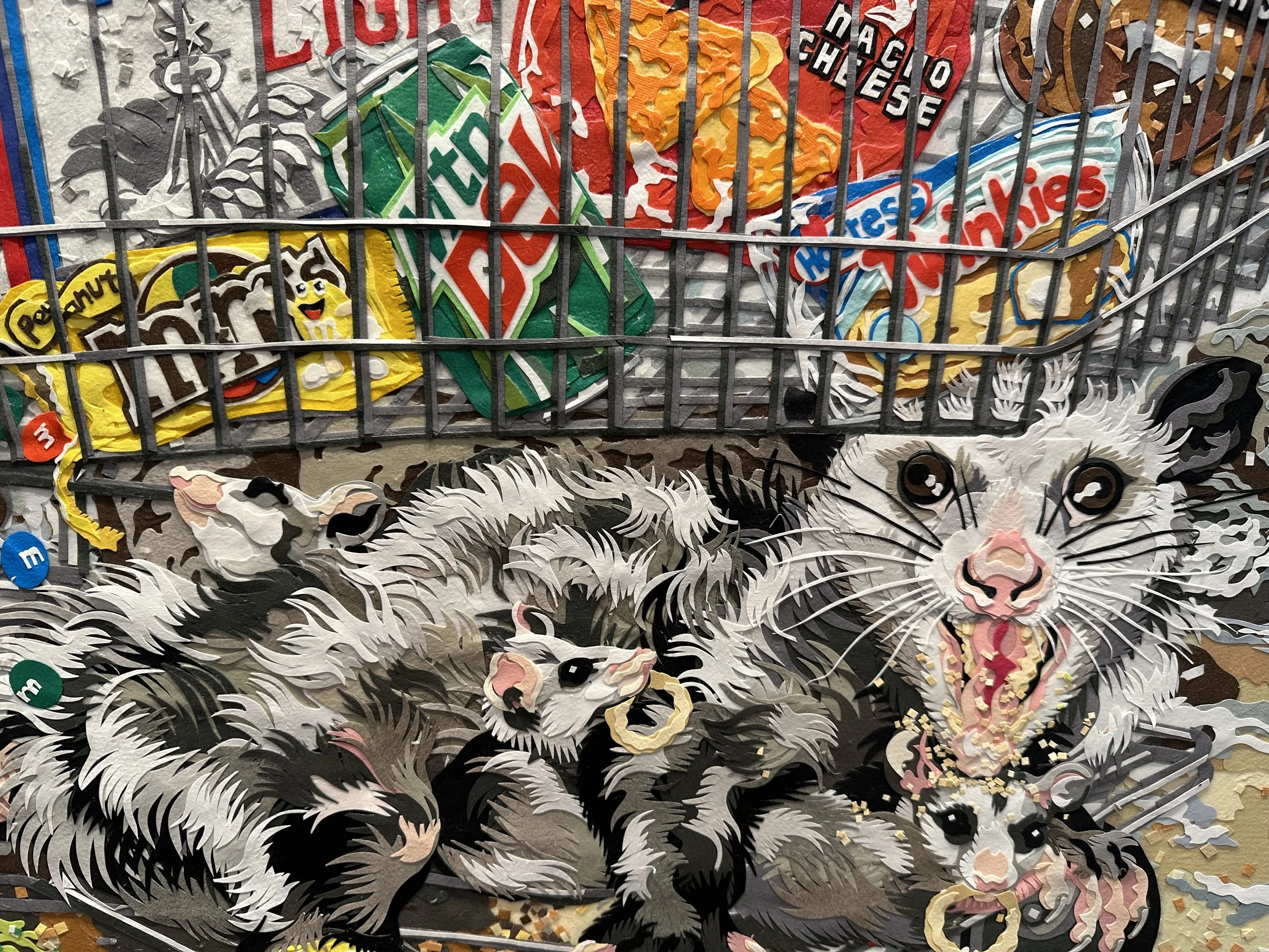 "Birth of Raccoon,' 72X48in, handout paper and gel medium on canvas, 2022, DETAIL.