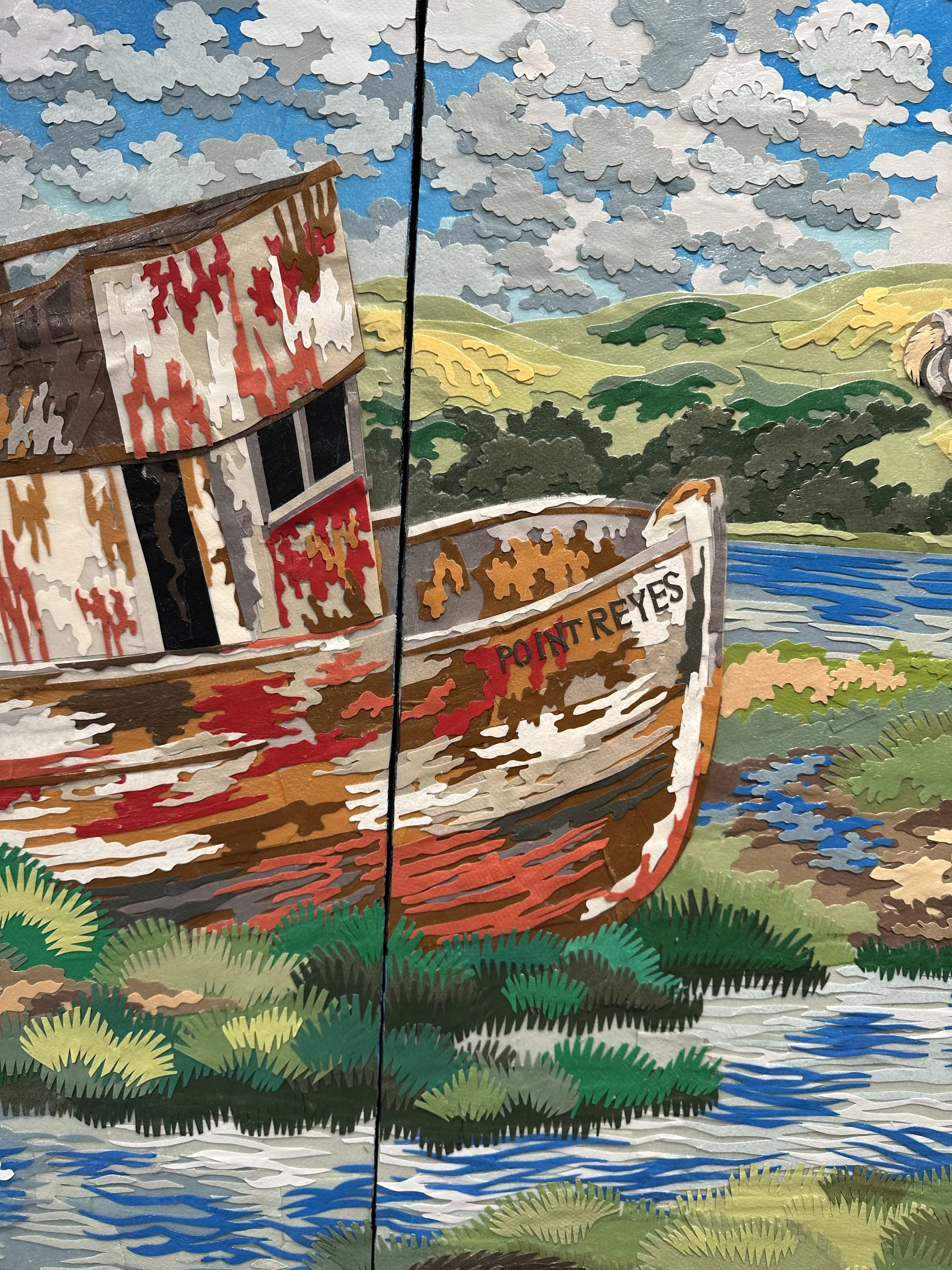 "Point Reyes," 48x108in, handout paper and gel medium on wood panels, 2018, DETAIL.