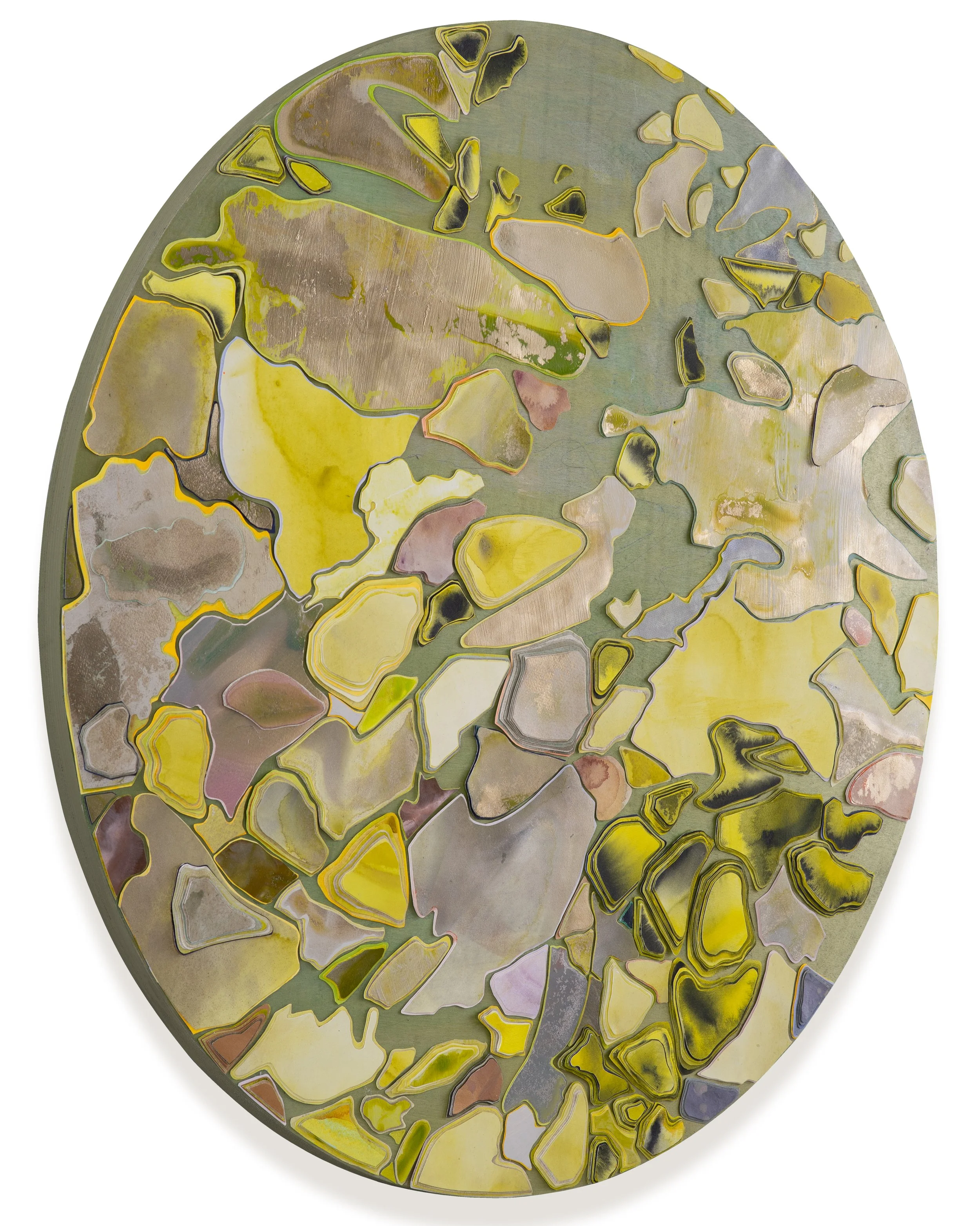 Title: Arsinoe Selene
Date: 2026
Dimensions: 36” round
Medium:hand painted, hand cut paper collage on wood panel
Price: $9500