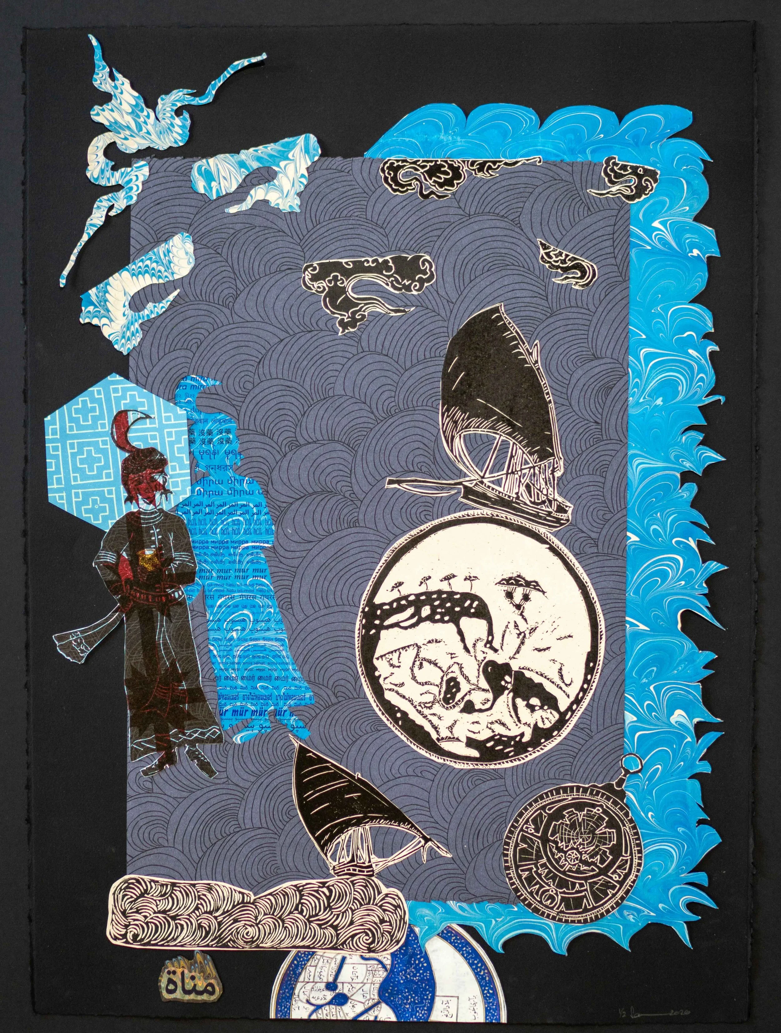  Manat, Enlighteners, 2 x 30 inches
Material: Lino cuts on letter press and French press prints on wasli paper and/or Rives Black and White papers, and hand marbled papers
