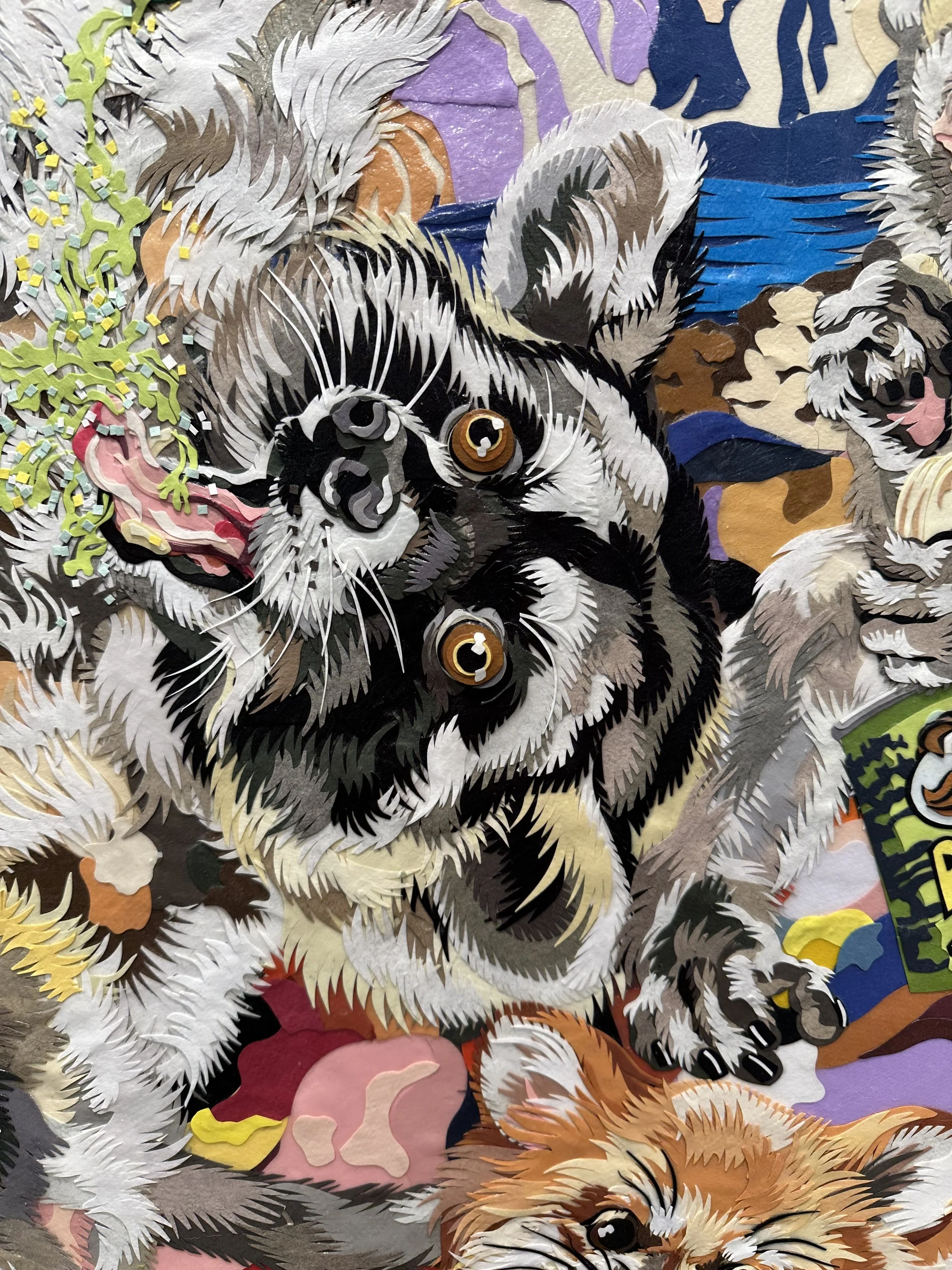 "Picnic at Lake Mead," 36x48in, hand cut paper and gel medium on canvas, 2022, DETAIL.