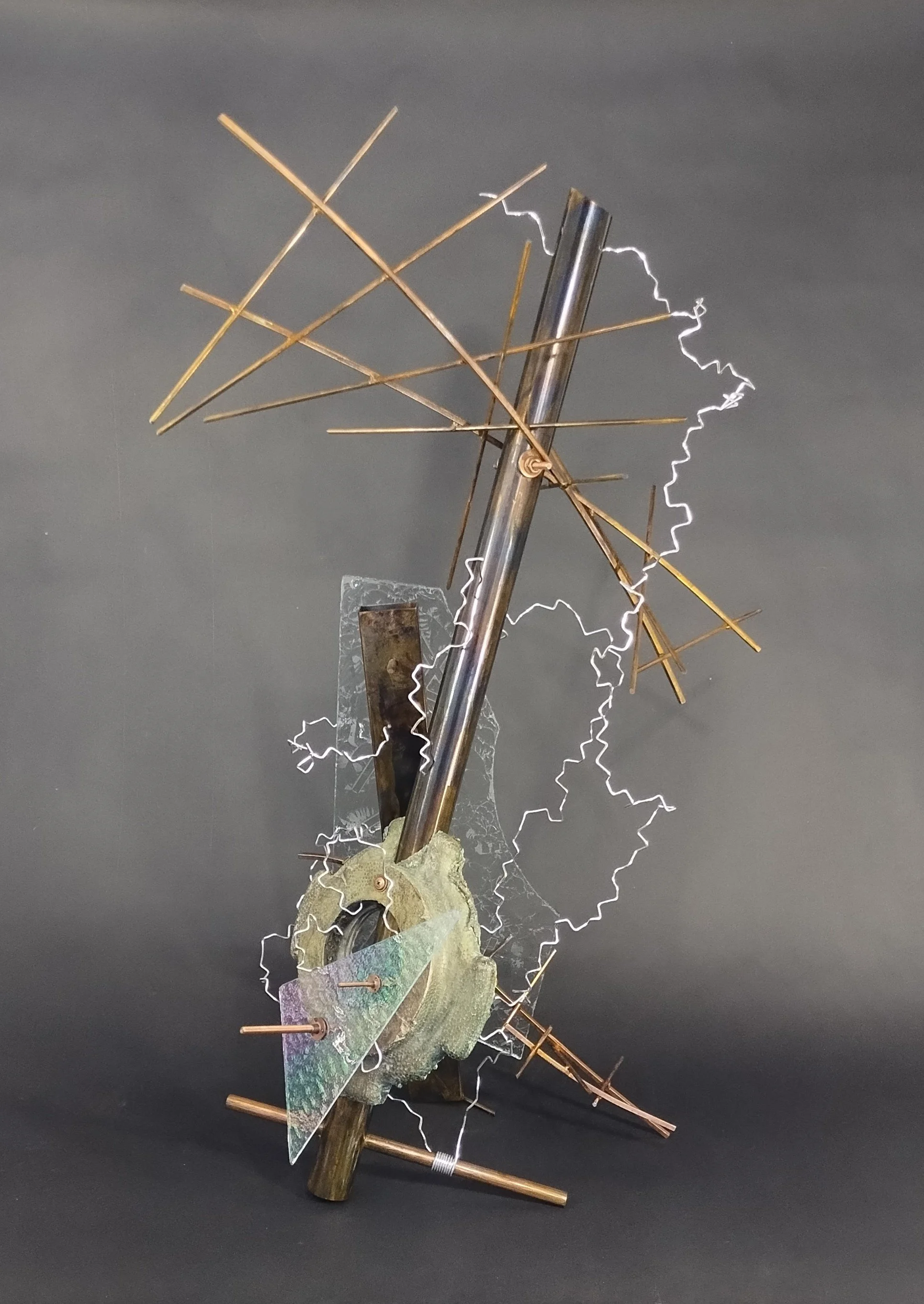 Danny Rosales, Echos and Haze, 2026, concrete, glass and steel, 38x18x14", $3300