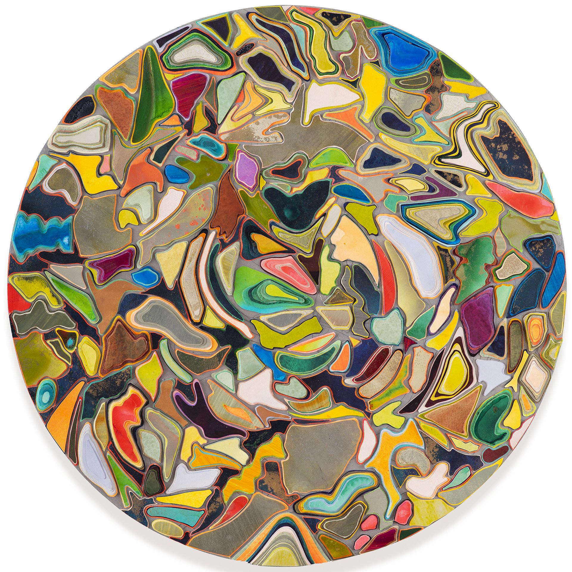 Title: Cosmic Metabolism
Date: 2026
Dimensions: 24” round
Medium:hand painted, hand cut paper collage on wood panel
Price: $4500