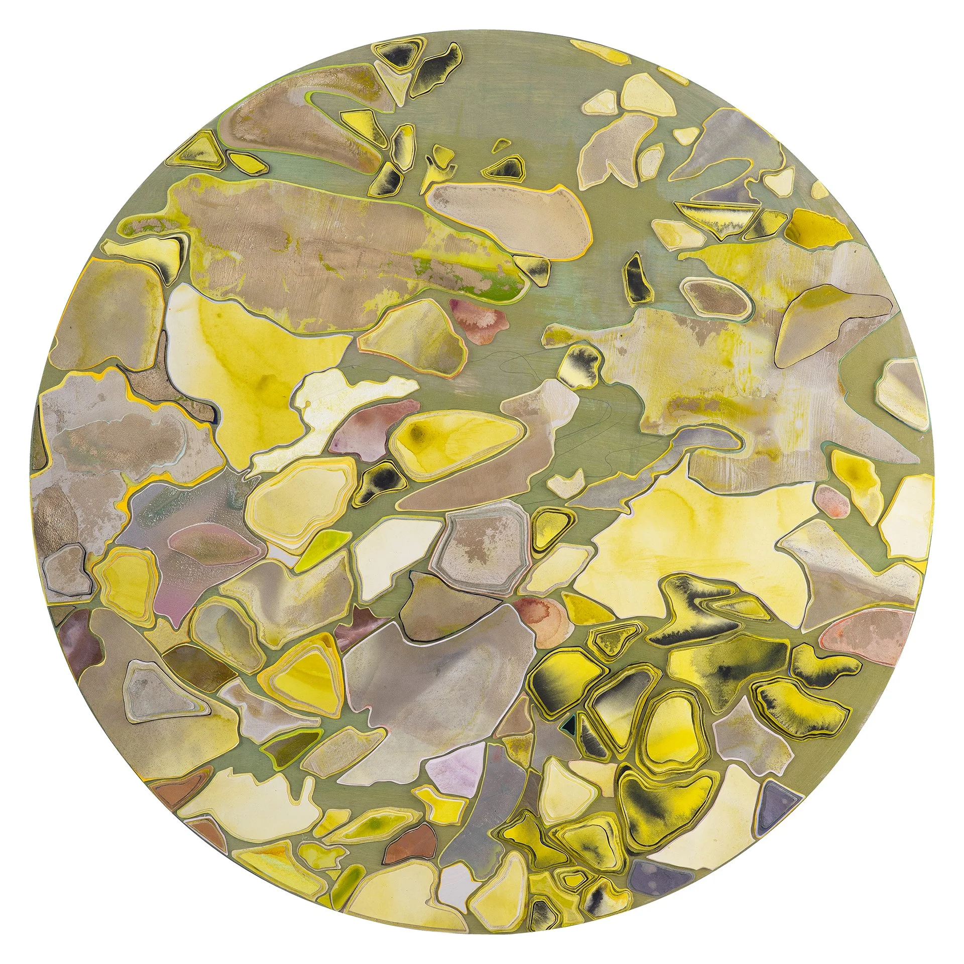 Title: Arsinoe Selene
Date: 2026
Dimensions: 36” round
Medium:hand painted, hand cut paper collage on wood panel
Price: $9500