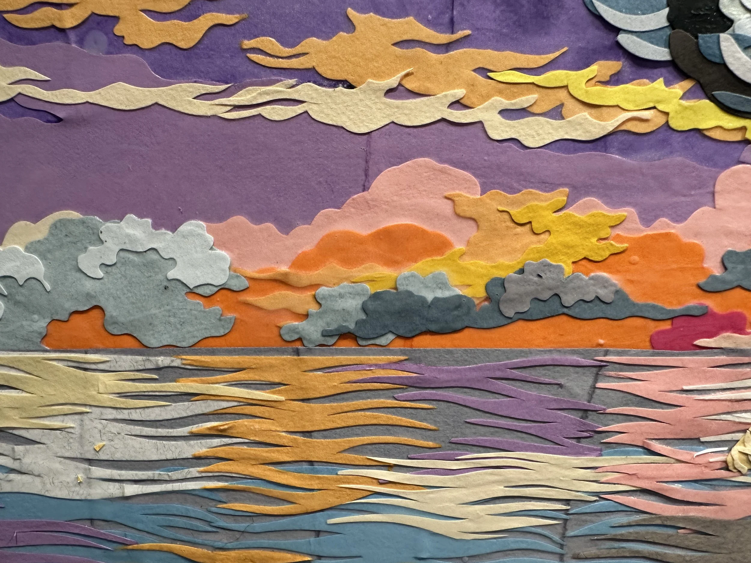 "Birth of Raccoon,' 72X48in, handout paper and gel medium on canvas, 2022, DETAIL.