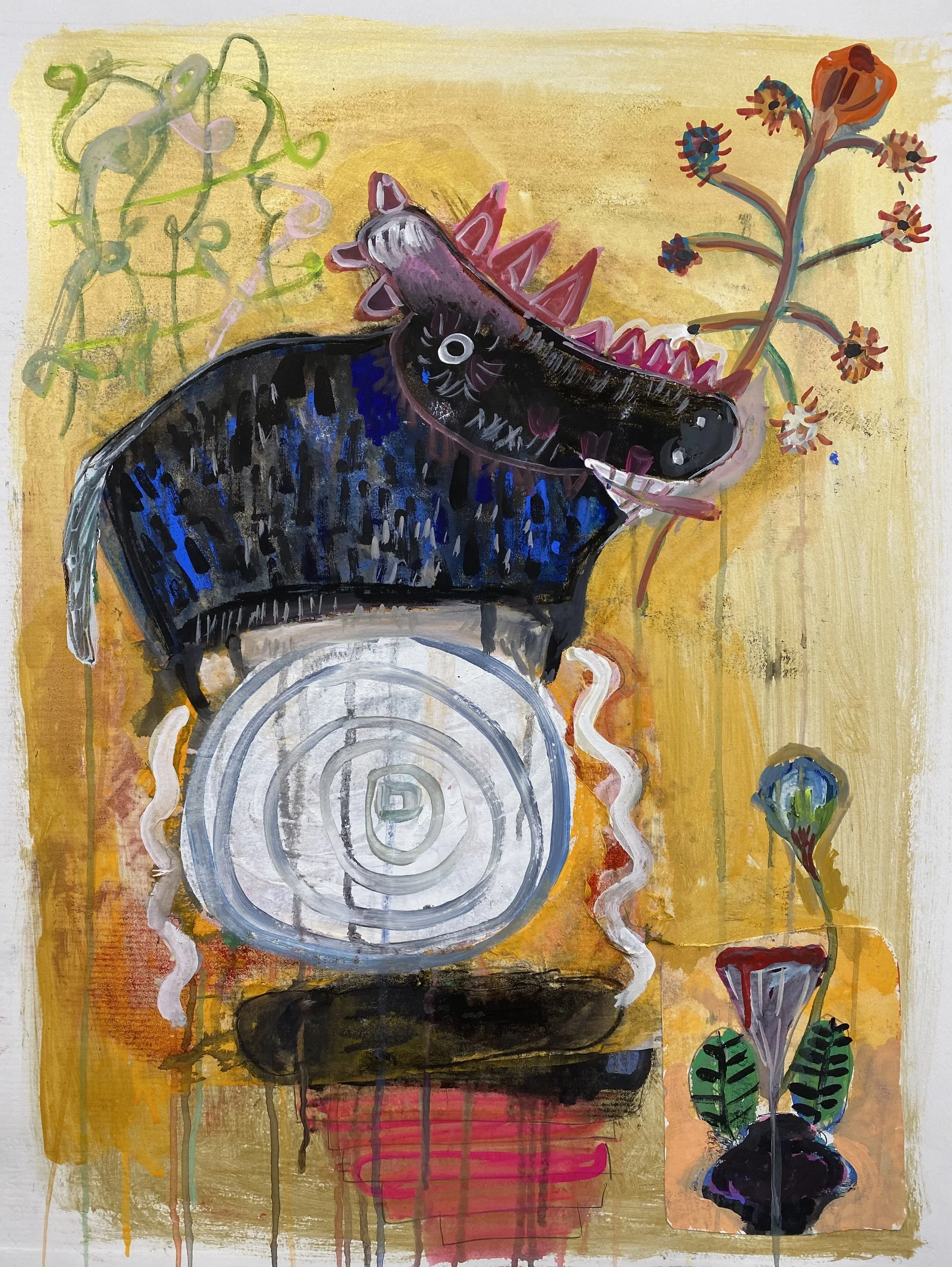 Goat with Circle, Mixed Media with Paper, 30 x 22"
