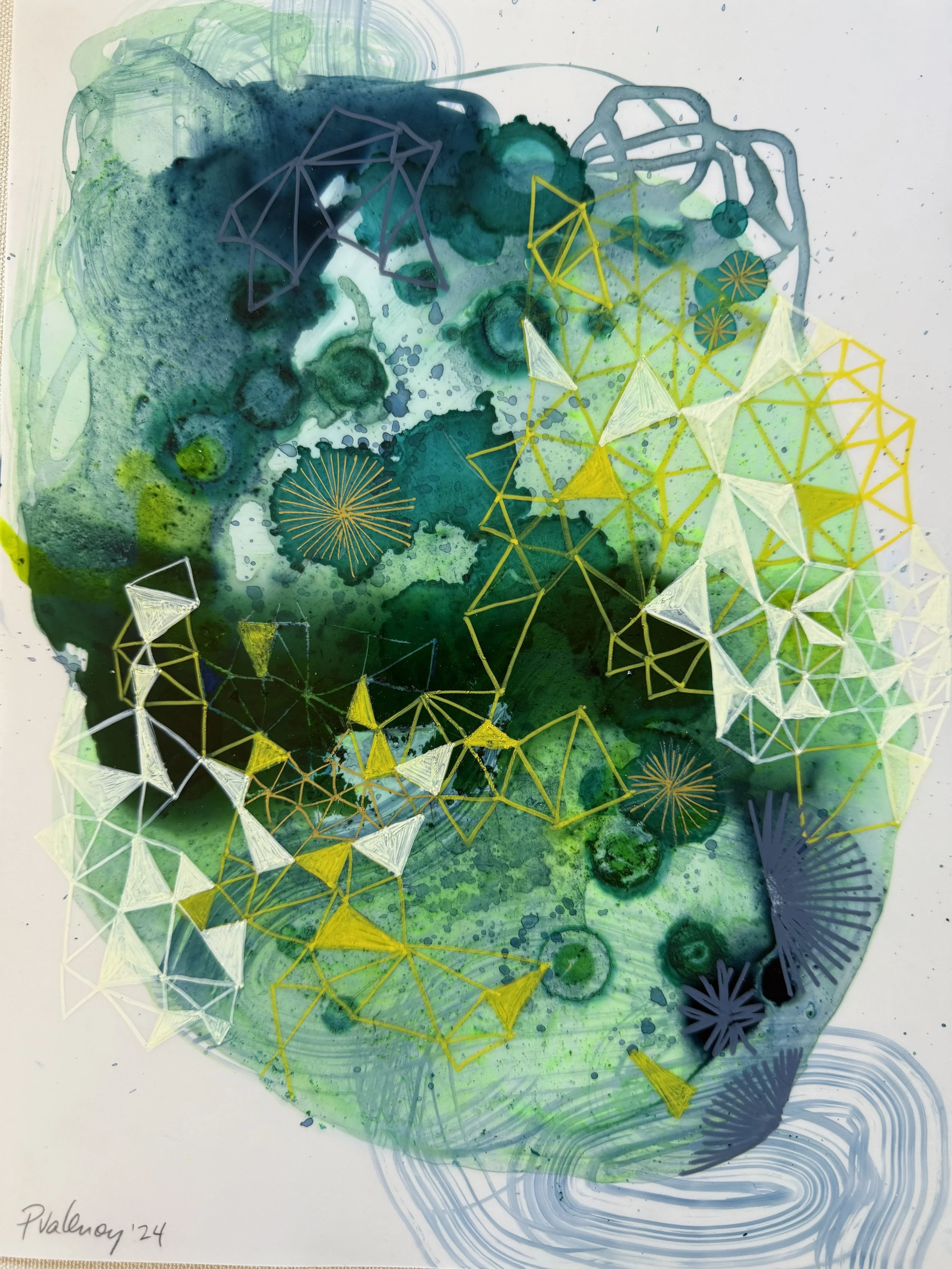 Calmness, 2024, Acrylic ink, watercolor, crayon,and Posca marker on Yupo paper, 12x9in, Framed 20x16x2in
$950.00