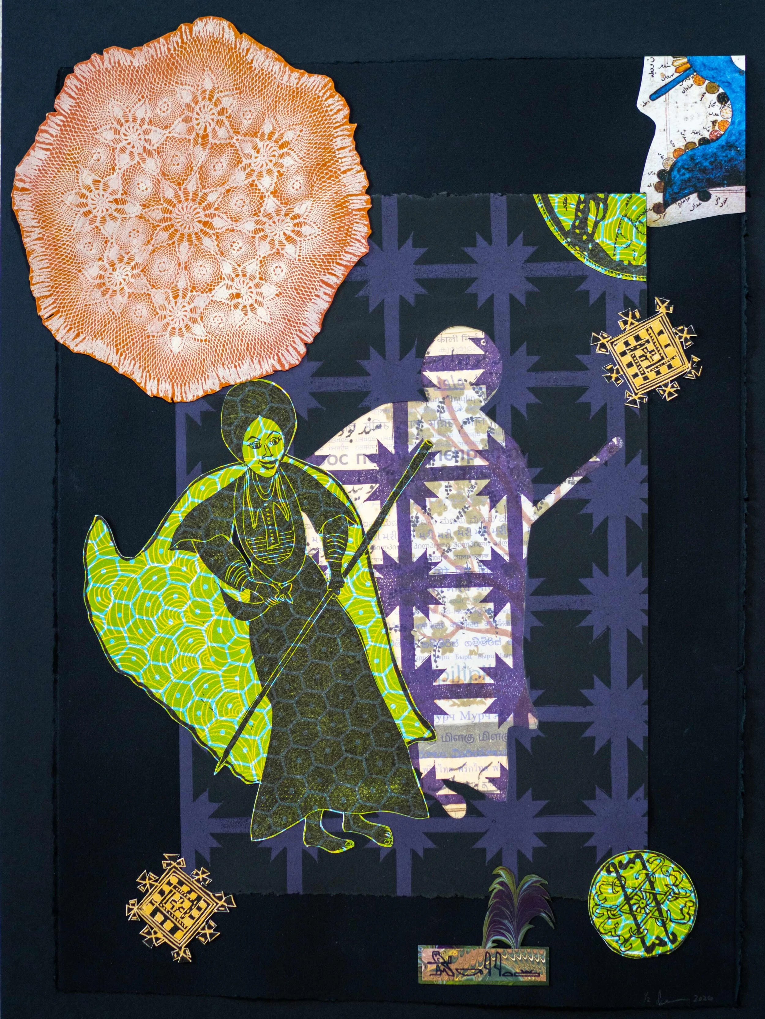 Bilqis, Defenders, 2 x 30 inches
Material: Lino cuts on letter press and French press prints on wasli paper and/or Rives Black and White papers, and hand marbled papers

