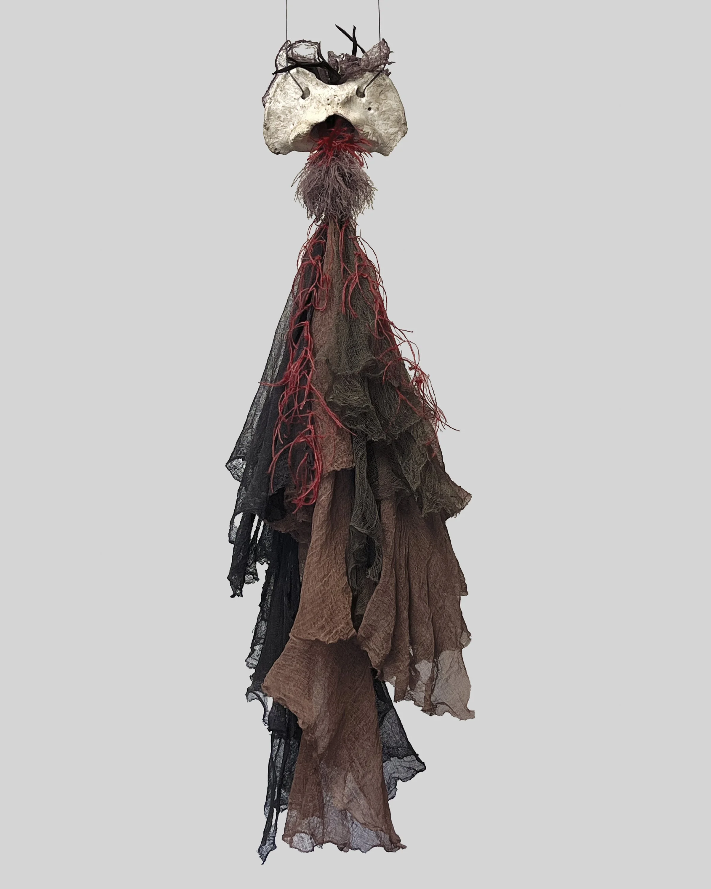 Dark Angel 4  2025 3’ x 10”d,  Cheesecloth, bone, silk, linen, banana peel  Dyes: Cochineal, Redwood cones, iron, $680.,